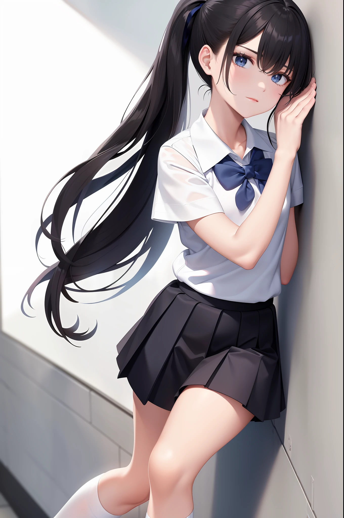 best quality, masterpiece, school uniform, white shirt, socks, leaning against the wall, cute, ponytail, black hair, blue eyes,