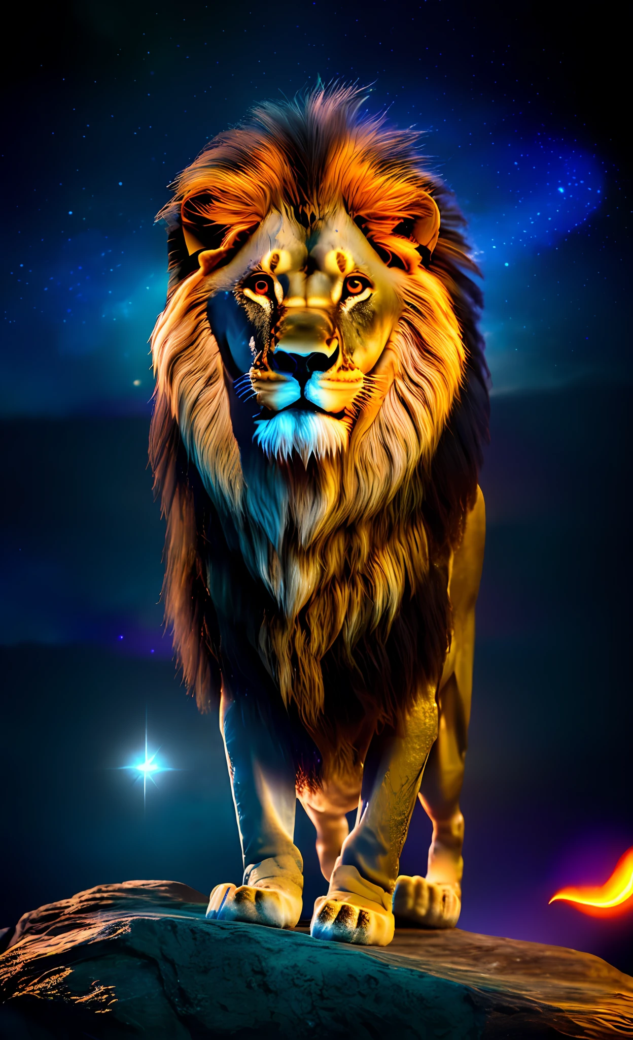 Perfect and imposing lion, without distortions, in a striking position, with luminous and flaming eyes, on top of a rock, with a purple and blue nebula drinks background, perfect photography, ultra realistic photography, 12k, ultra resolution, cinematic, HDR, real textures, better anatomy, better proportion, better details, better quality, better contrast