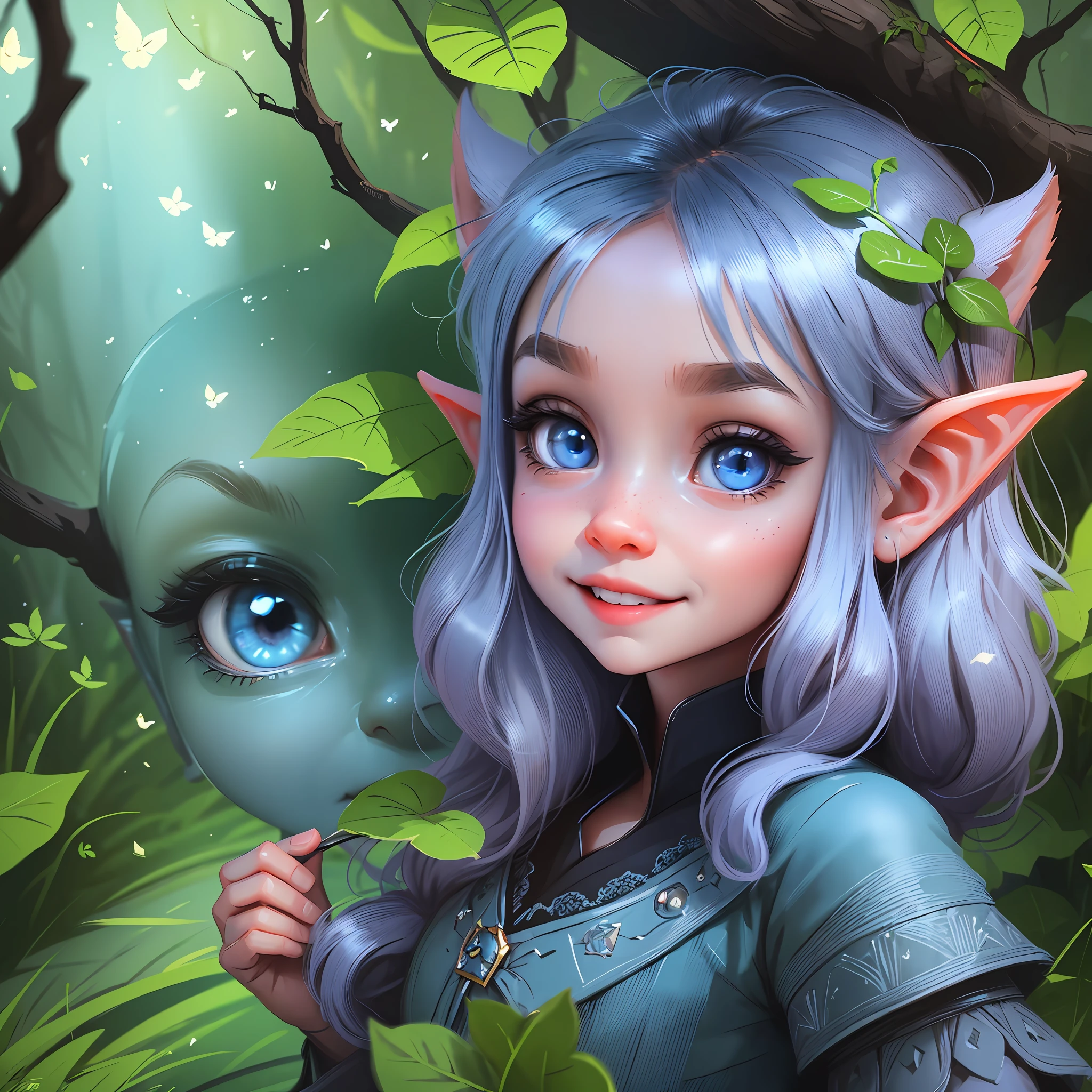 Cover image for Kid Storybook: Lilly , little elf girl 6 year's old with big and sweet blue eyes, adorable digital painting, portrait of very beautiful elf, cute detailed digital art, blue elf, cute face. dark fantasy, elf with blue skin, little elf girl, cute digital art, detailed big eyes, cute 3 d render, blue shining eyes, lalafell, detailed fantasy digital art, in the foreground with a sly look and a very mischievous expression is smiling. In the background, a vibrantly colorful enchanted forest --auto --s2
