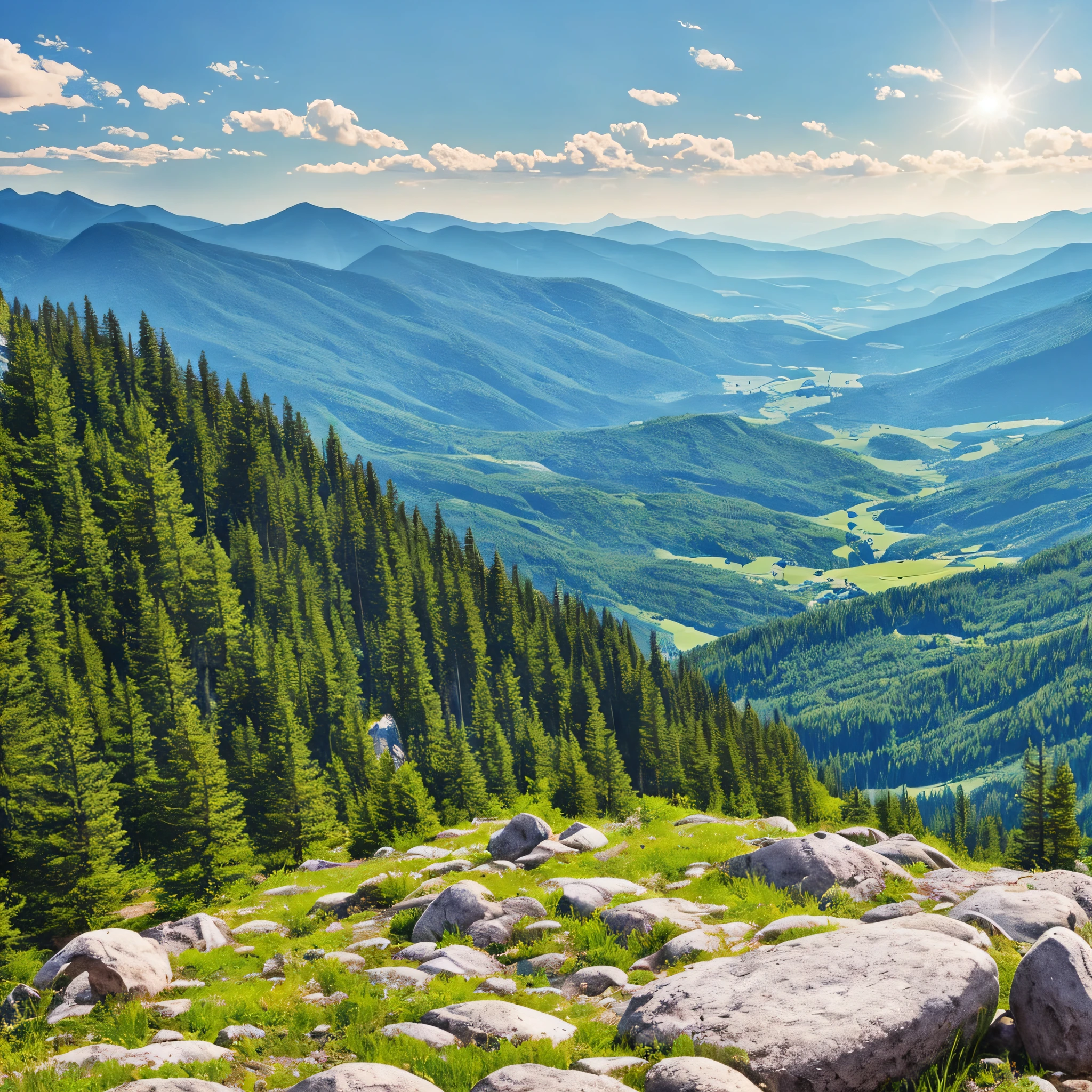 realistic mountainous place, with a stone for support, sunny --auto --s2