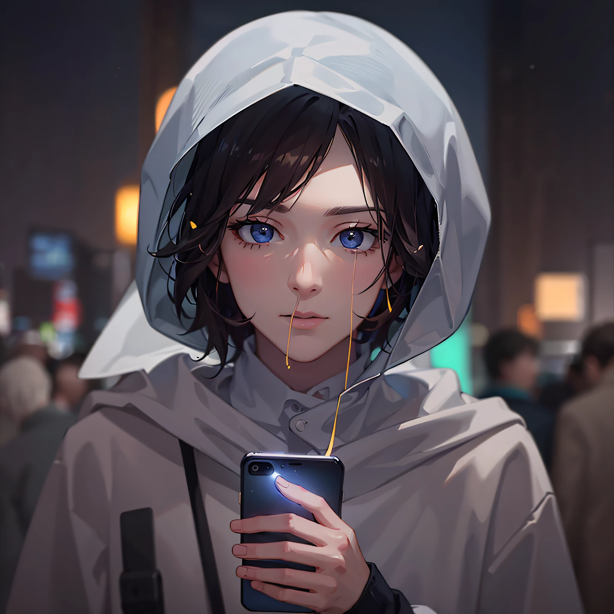 Man holding a cell phone, cell phone full of messages, emojis around him, dark background, crowd around man, realistic man, real person, realistic photo, 8k, sharp --auto --s2