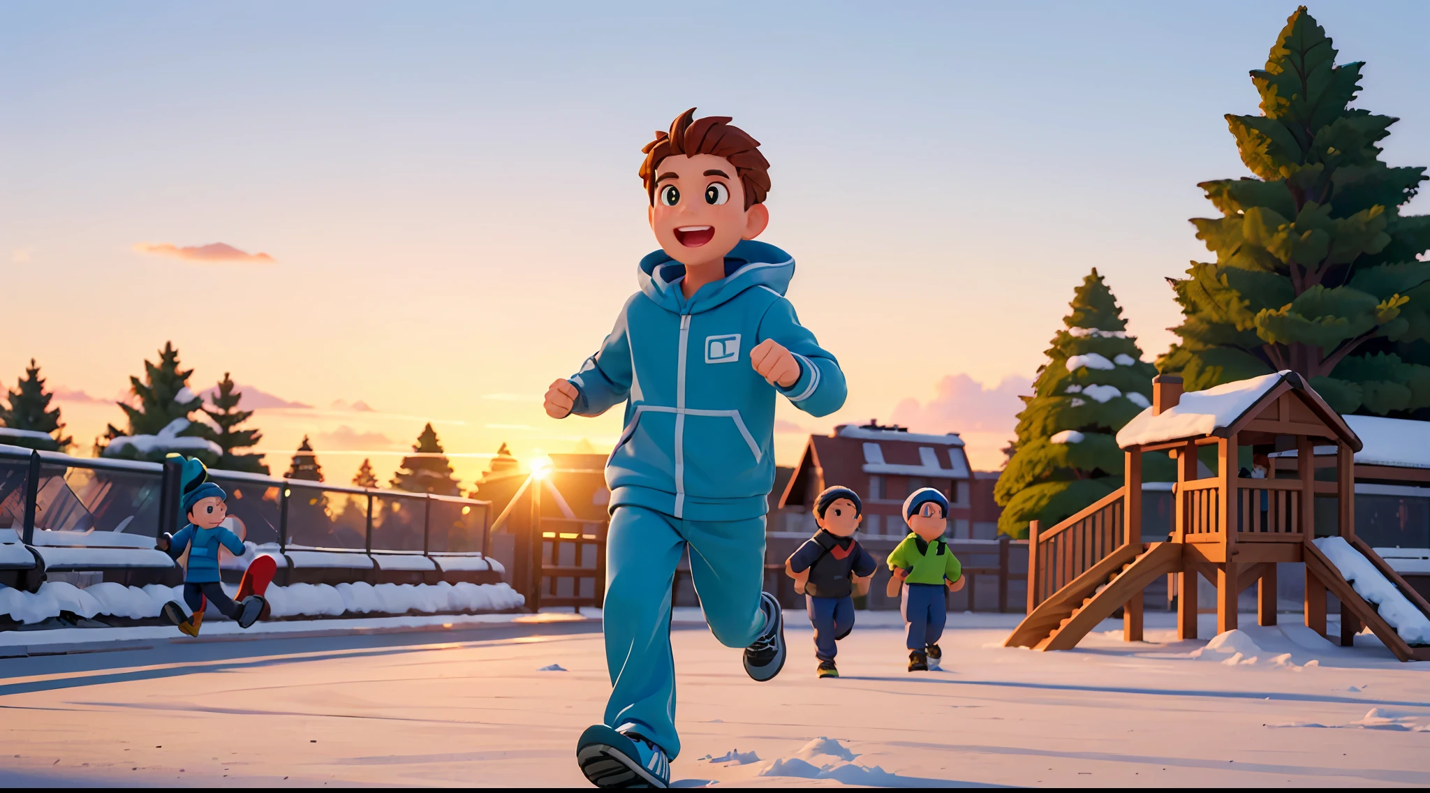 A guy (in the picture ratio 1:2), winter gym clothes, park playground, park track, green eyes, running, sunset, victory, joy, joy, perfect quality, clear focus, (Masterpiece: 1.2) (Realistic: 1.2) (Bokeh) (Best quality) (Detailed skin: 1.3) (Intricate details) (8K) (Detail eyes) (Sharp focus), (Happy)