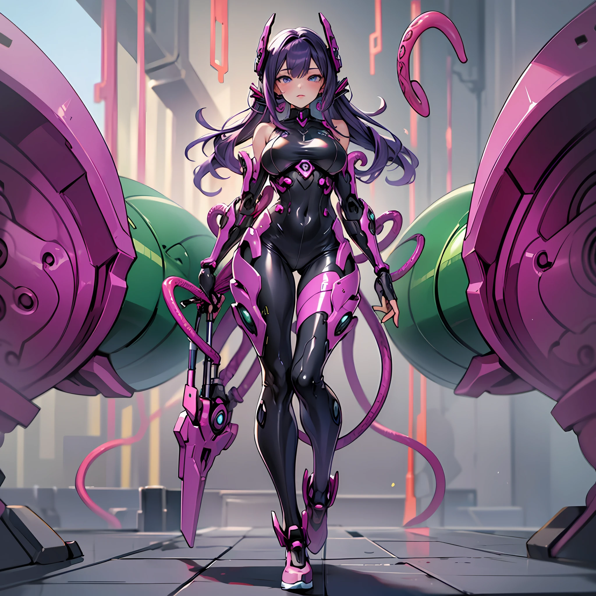 Woman in purple tentacle color costume, best anime 4k wallpaper, full body, cyberpunk tentacles, mechanized valkyrie girl, biomechanical, highly detailed artgerm based on tentacles, cyborg tentacles, anime style 4k, tentacles