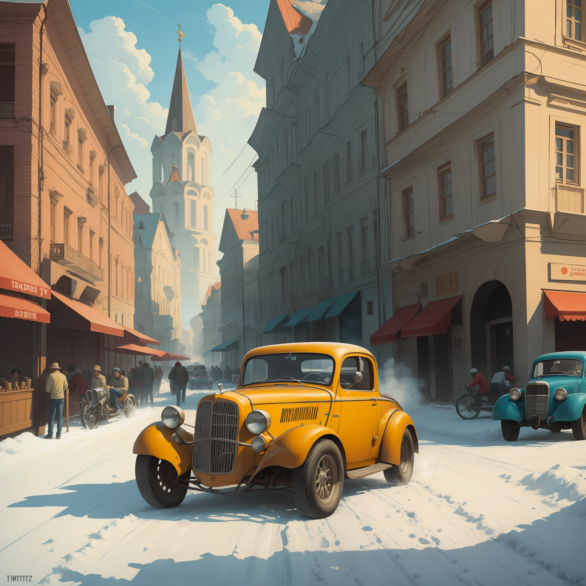 Paint a picture in the style of Tom Fritz, depicting hot rod races in the Russian setting (City in the background)