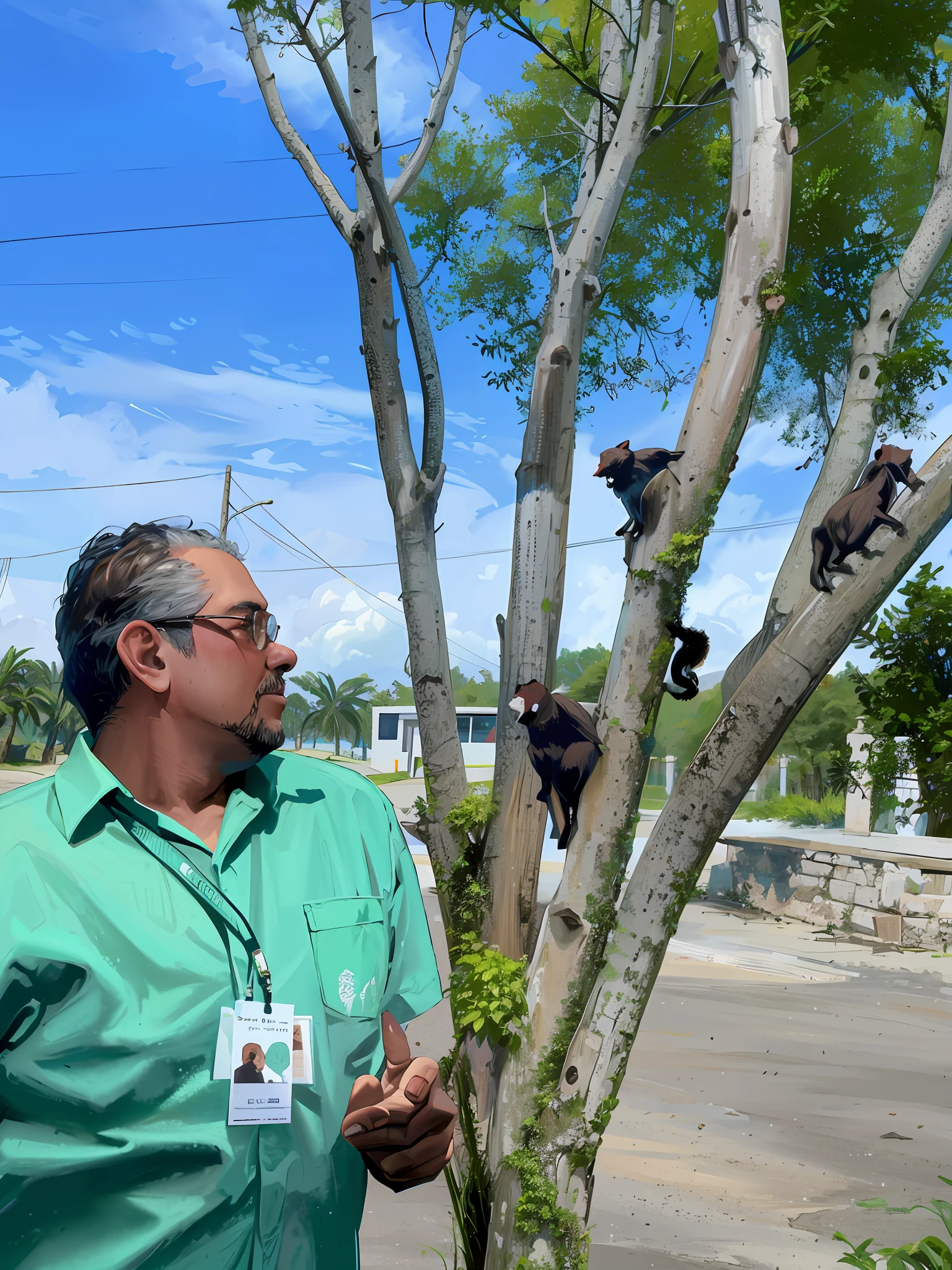 there is a man standing next to a tree with a monkey on it, trees in the background, with a tree in the background, taken in 2 0 2 0, trees in background, by Ceferí Olivé, stunning visual, beautiful views, photo taken in 2 0 2 0, beautiful view, by Dan Content, in marijuanas gardens