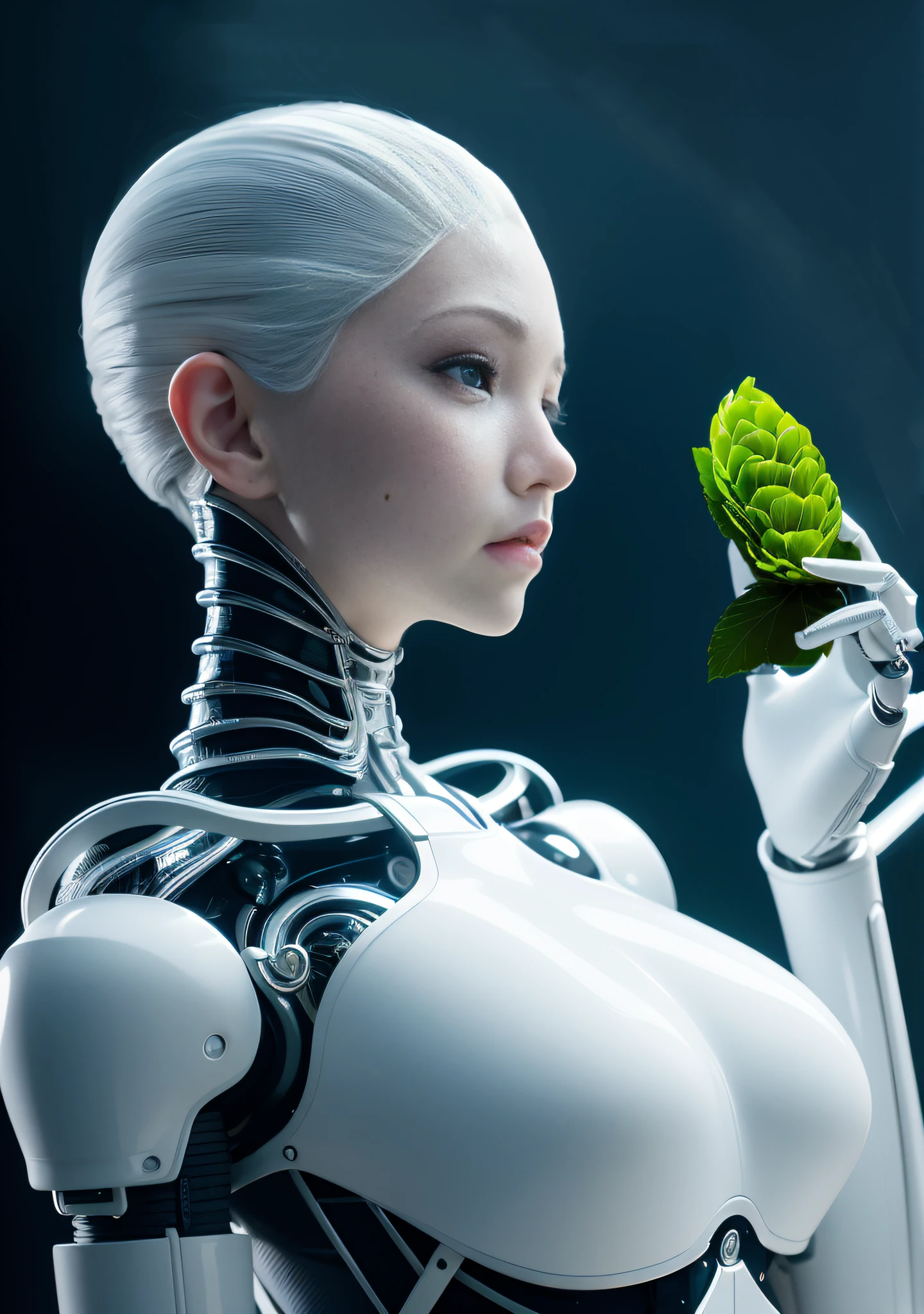 Complex 3d rendering very detailed beautiful ceramic silhouette female robot face, robot holding a hop, robot parts, 150mm, beautiful studio soft light, edge light, vibrant details, luxurious cyberpunk, lace, surrealism, anatomy, facial muscles, cable wires, microchips, elegant, beautiful background, octane rendering, HR Giger style, 8k, best quality, masterpiece, illustration, very refined and beautiful, very detailed, CG, unified, wallpaper, (Realisticity, Realisticity: 1.37), Amazing, Fine Detail, Masterpiece, Best Quality, Official Art, Very Detailed CG Unified 8k Wallpaper, Ridiculous, Incredibly Ridiculous, Robot, Silver Helmet, Full Body, Seated