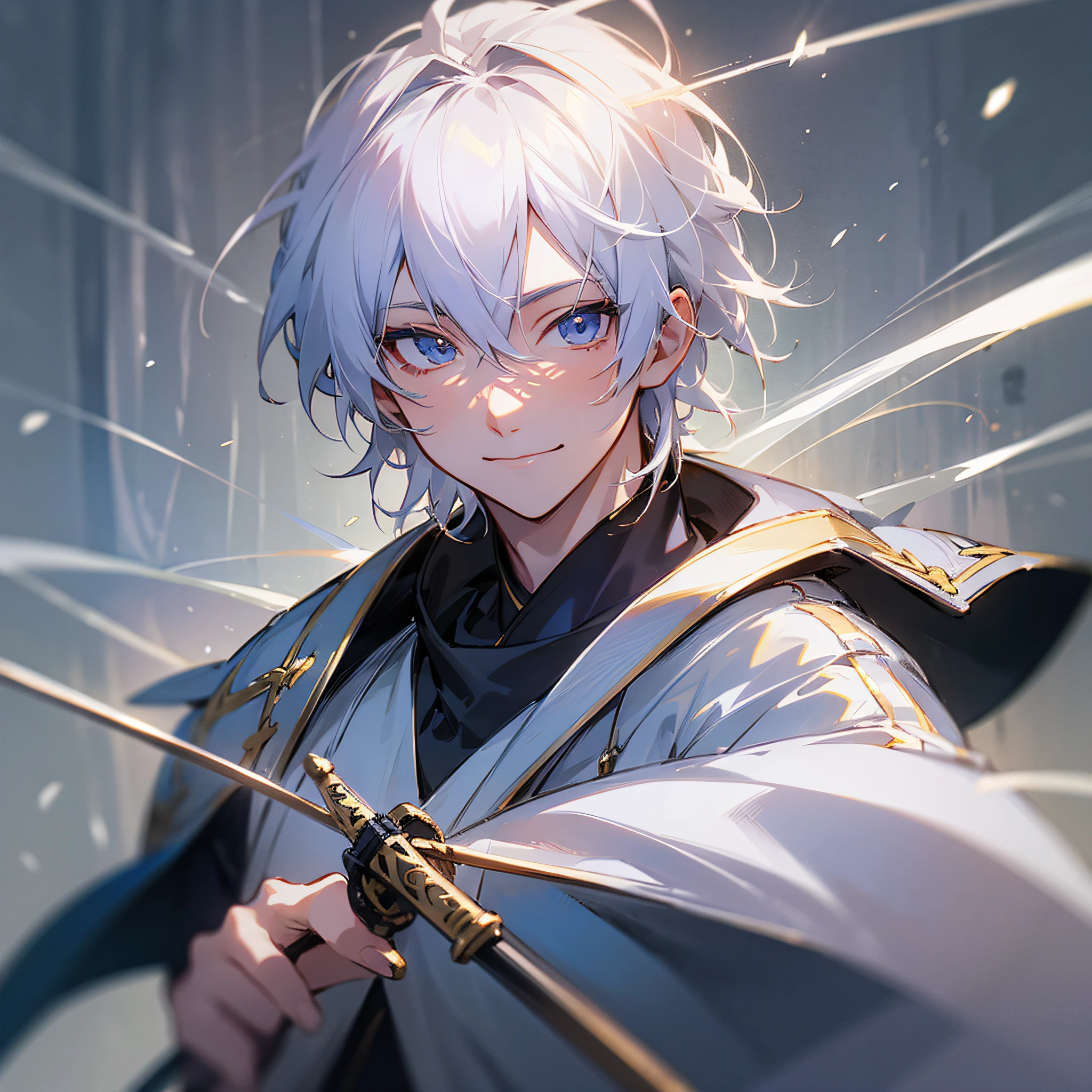 white hair, light smile, Draw your sword, single person, The boy, anime, ray tracing, UHD, high quality, high details --auto --s2
