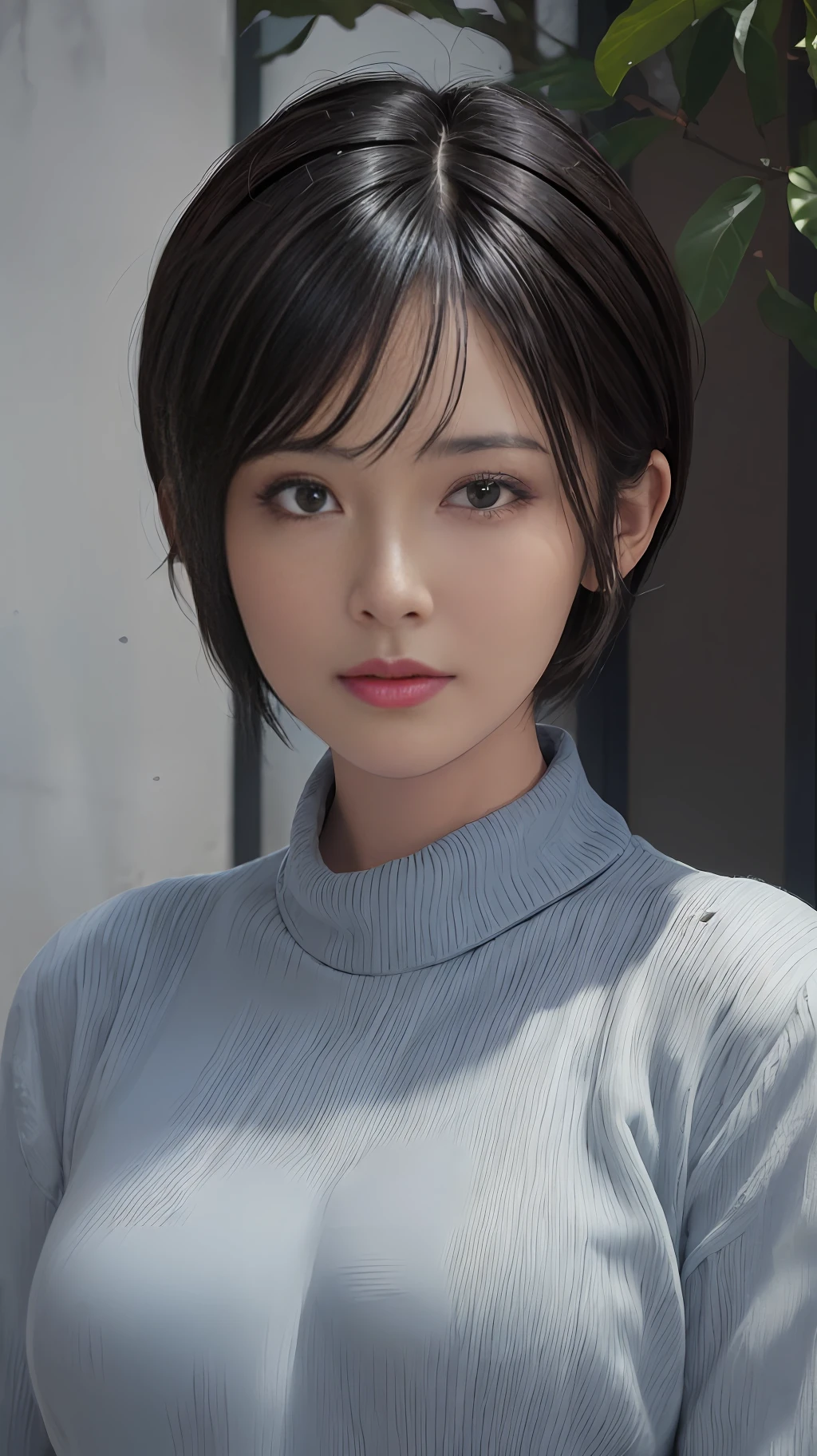 (masterpiece:1.3), (8k, photorealistic, RAW photo, best quality: 1.4), (1girl), beautiful face, (realistic face), (black hair, short hair:1.3), beautiful hairstyle, realistic eyes, beautiful detailed eyes, (realistic skin), beautiful skin, (sweater), absurdres, attractive, ultra high res, ultra realistic, highly detailed, golden ratio