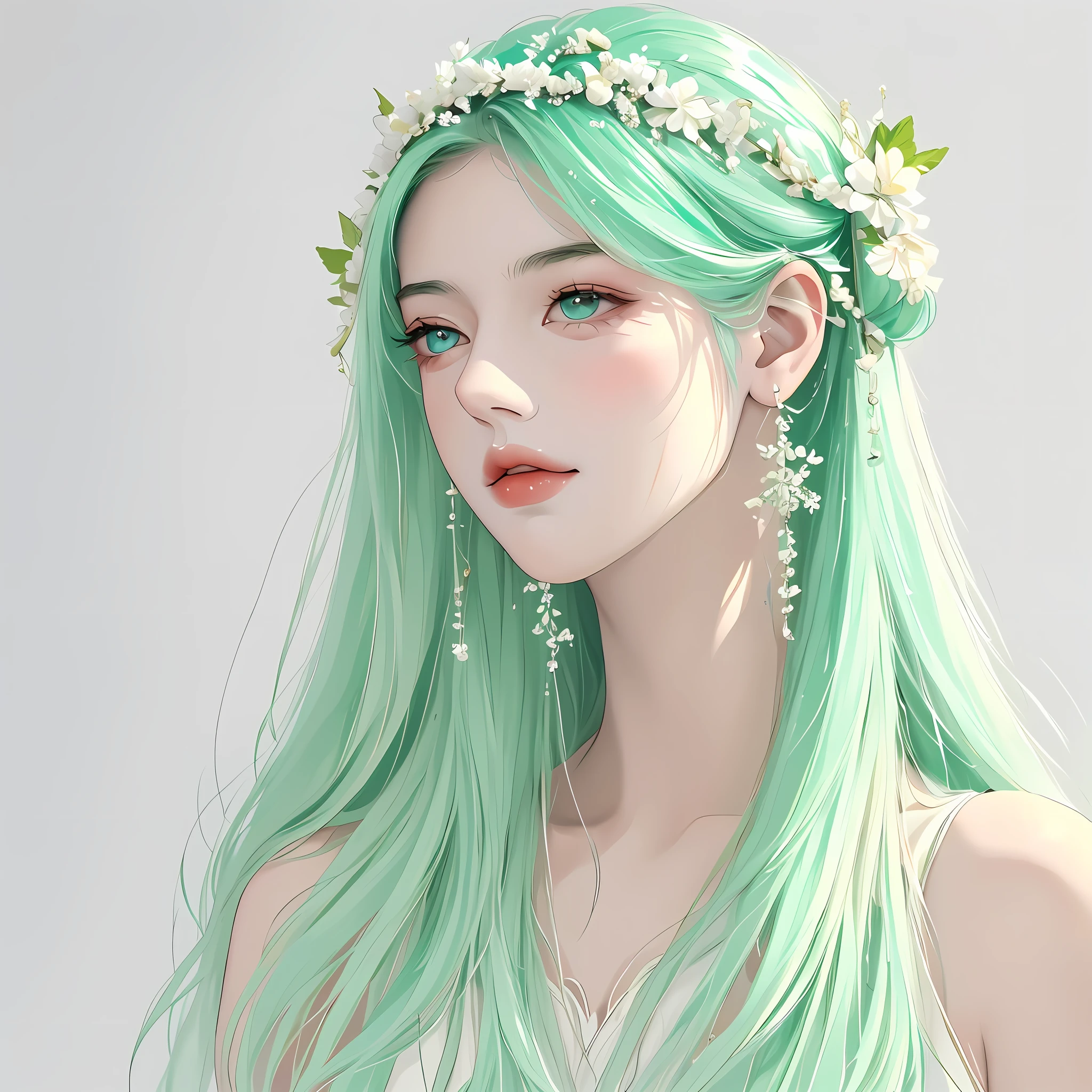 Masterpiece, best quality, an extremely delicate beautiful girl, super detailed, highly detailed, best quality, a girl with mint hair, beautiful mint eyes, upper body close-up, high resolution, very detailed, 1girl, best quality, looking at the audience, impasto, realism, real, white background