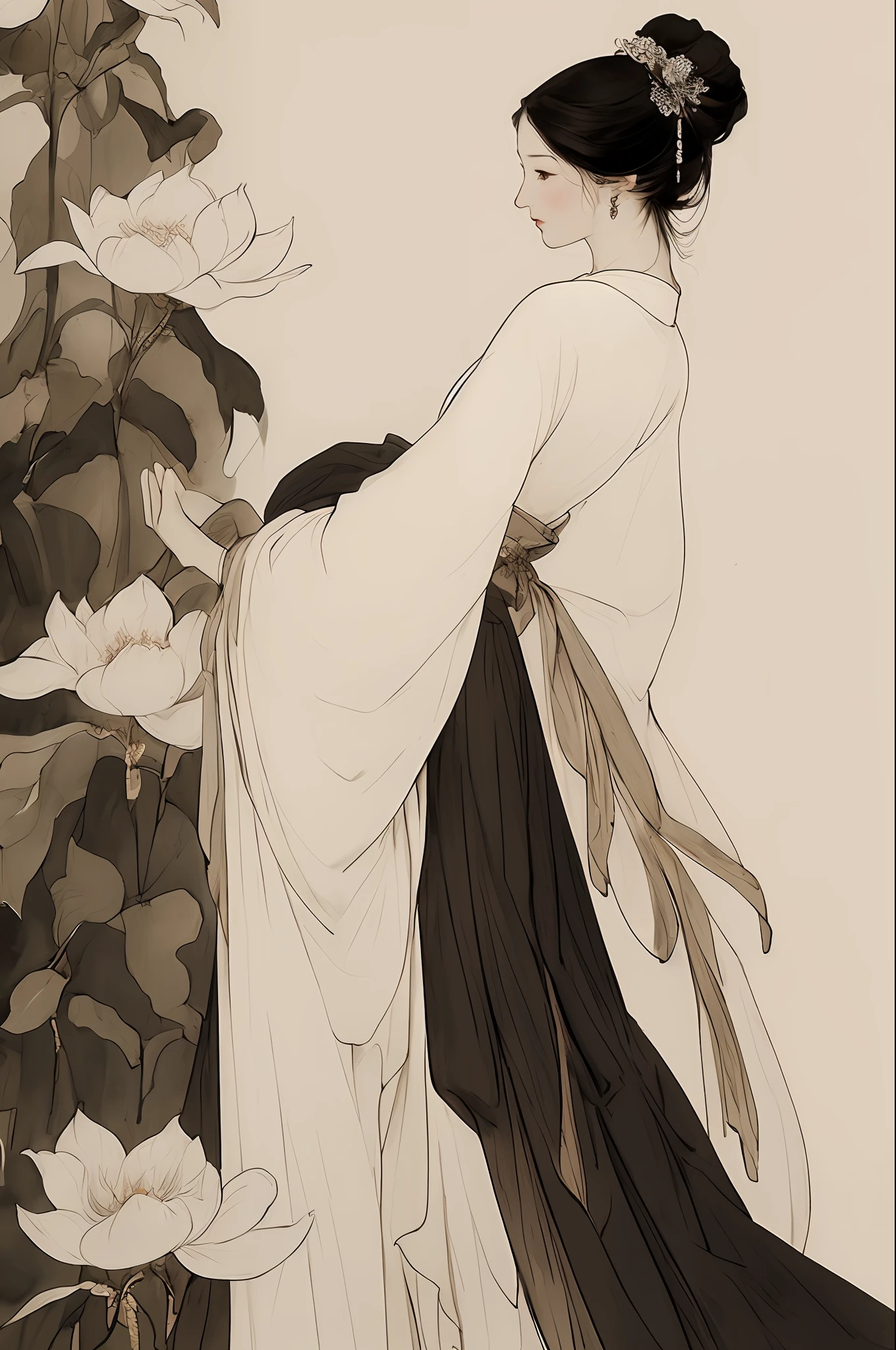 a girl ,full body ,white | bule dress ,standing, flower,竹子,竹林