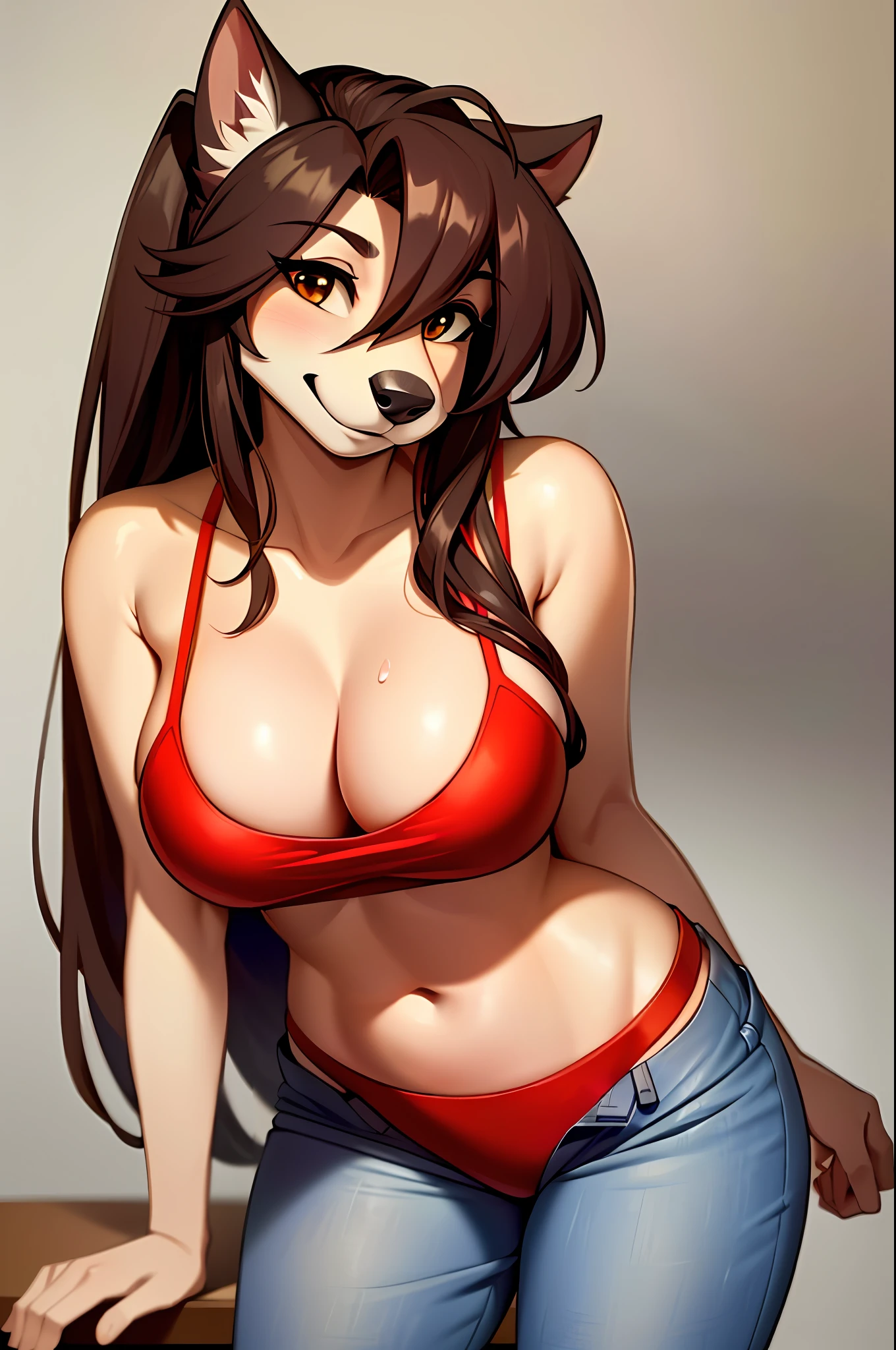 ((masterpiece, best quality)), (anthro furry:1.3, snout:1.2, anthro:1.3, furry:1.2, closeup:1.2, solo female:1.2, cleavage, leaning forward, smile, red), no top, sweatpants