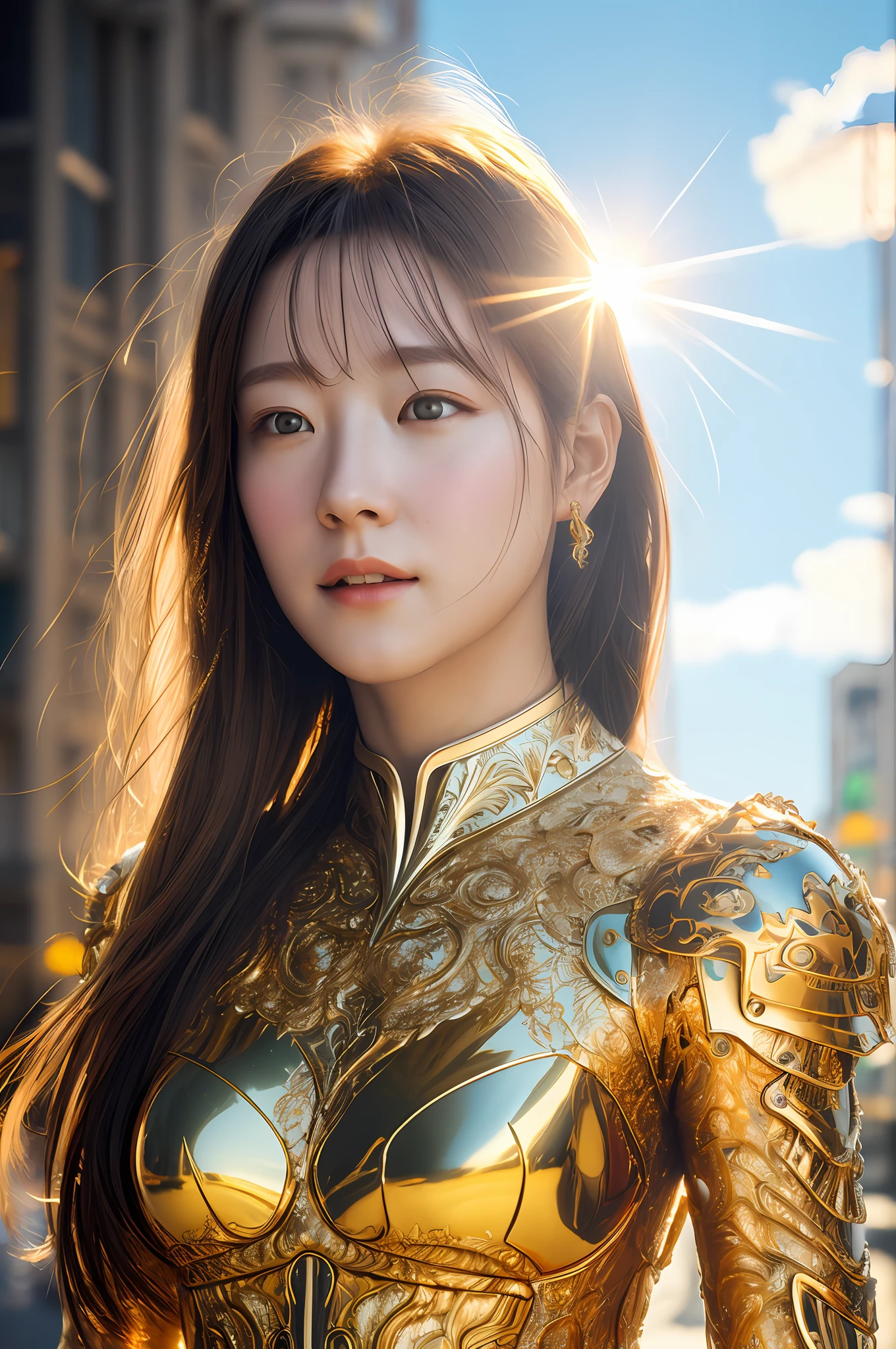 helios - the primordial sun beautiful natural soft light, rim light, gold fractal details, fine lace, mandelbot fractal anatomical, glass, facial muscles, elegant, ultra detailed, metallic armor, octane render, (1girl:1.4), (street background:1.2)
