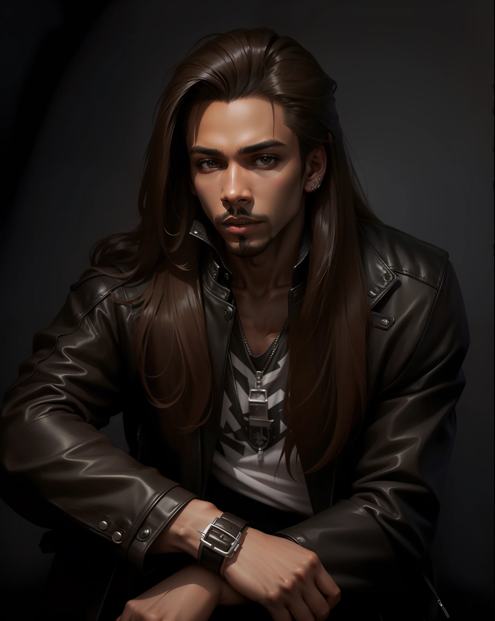 Boy, leather jacket, brown skin, long straight hair,4k, goth