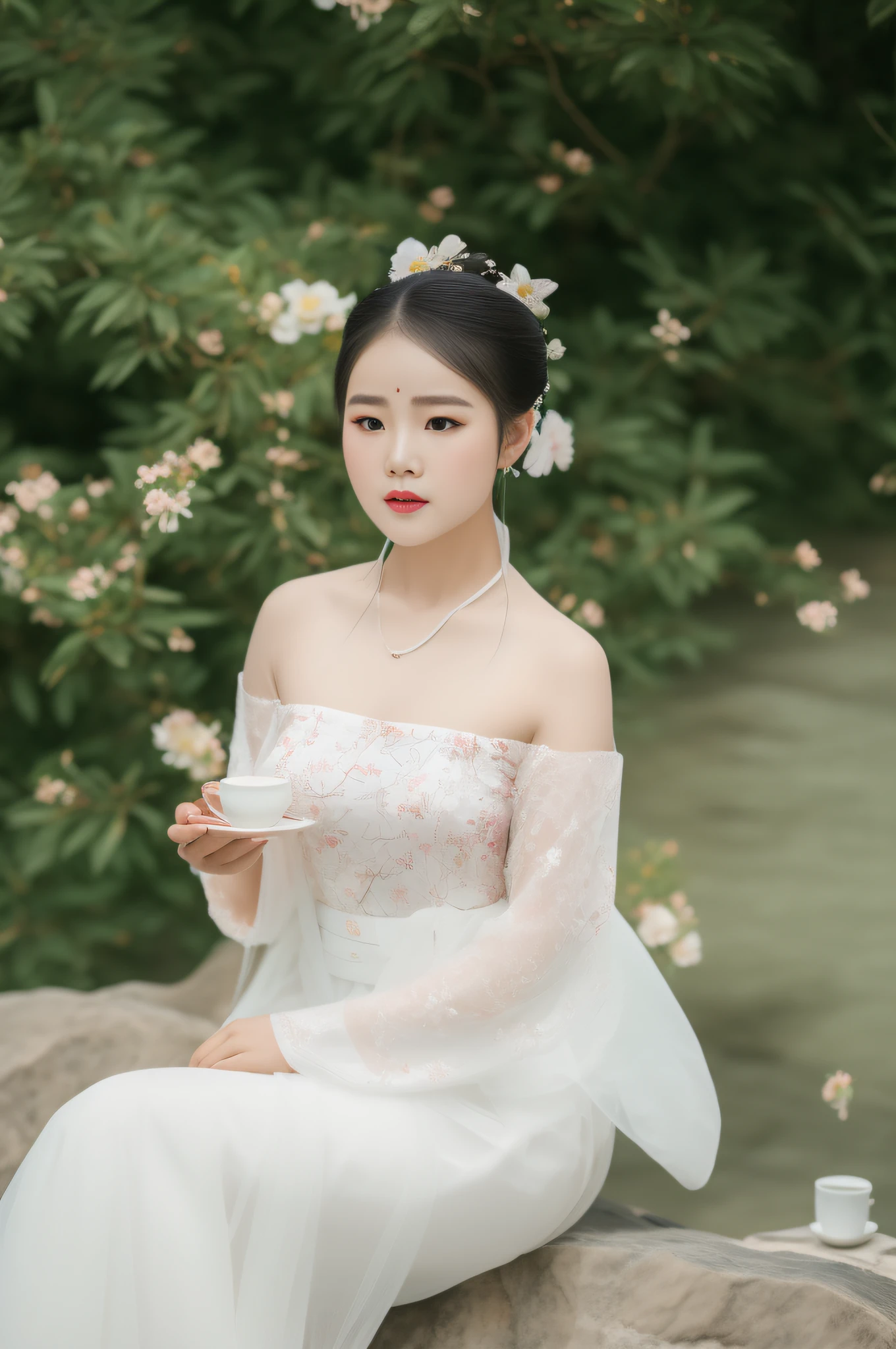 there is a woman sitting on a rock with a cup of tea, ao dai, white hanfu, mai anh tran, 🤬 🤮 💕 🎀, portrait image, sha xi, xintong chen, wenfei ye, a young asian woman, a beautiful woman in white, chengyou liu, photoshoot for skincare brand, xue han, yun ling