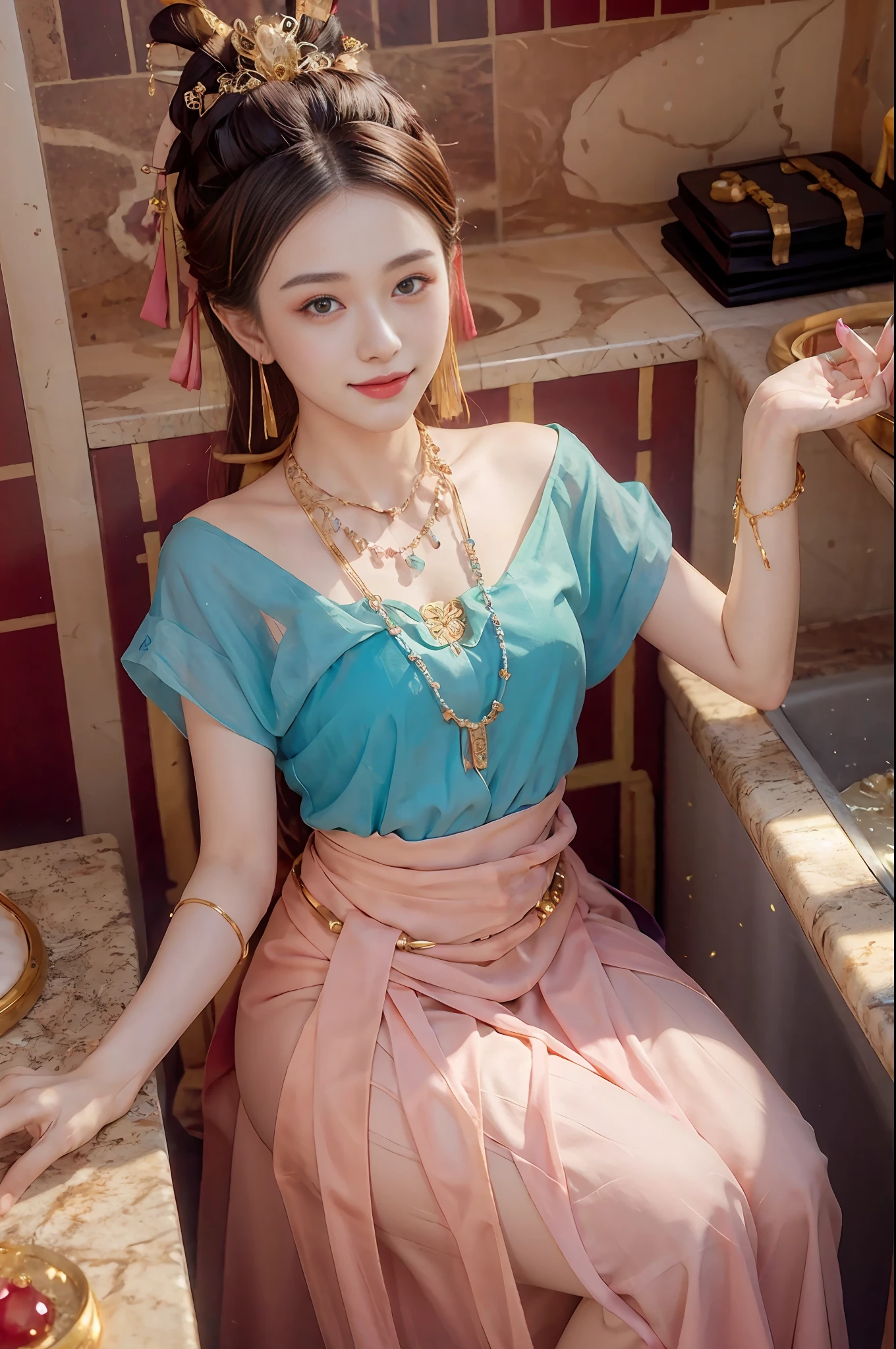 The body is shining with jewelry and jewelry, so beautiful. She wears a colorful hairstyle and a confident smile. Drag sister, cool sa, proud, confident, masterpiece, best quality, there is a woman sitting on the counter, wearing a necklace and dress, confident, dunhuang_style