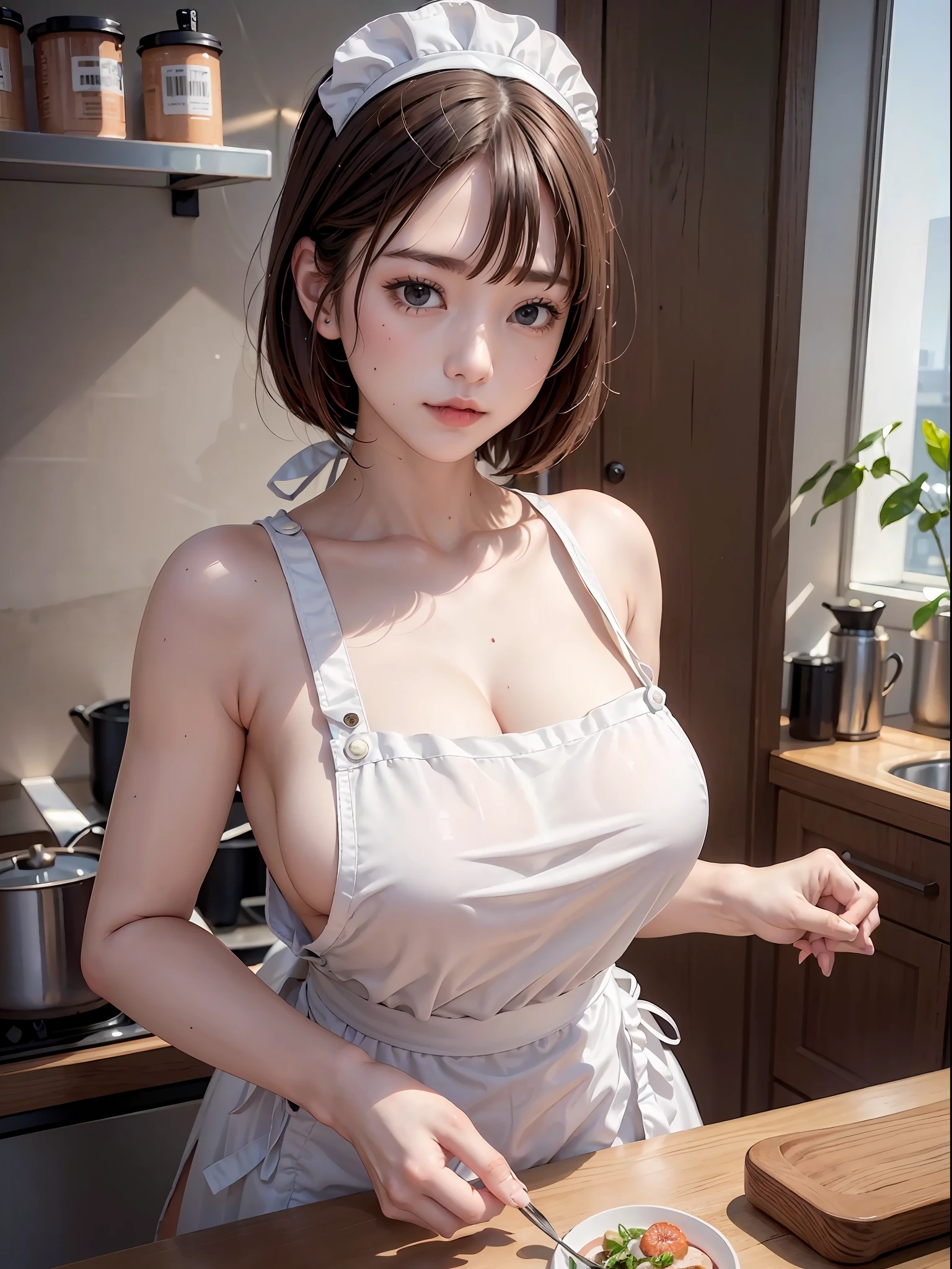 Woman is cooking (wearing kitchen apron: 1.3), good hands, 4k, high resolution, masterpiece, top quality, head: 1.3, (Hasselblad photo)), fine skin, sharp focus, (cinematic lighting), soft lighting, dynamic angles, :( detailed face: 1.2 ): 0.2], large breasts, ((in the kitchen))), exposed, cleavage