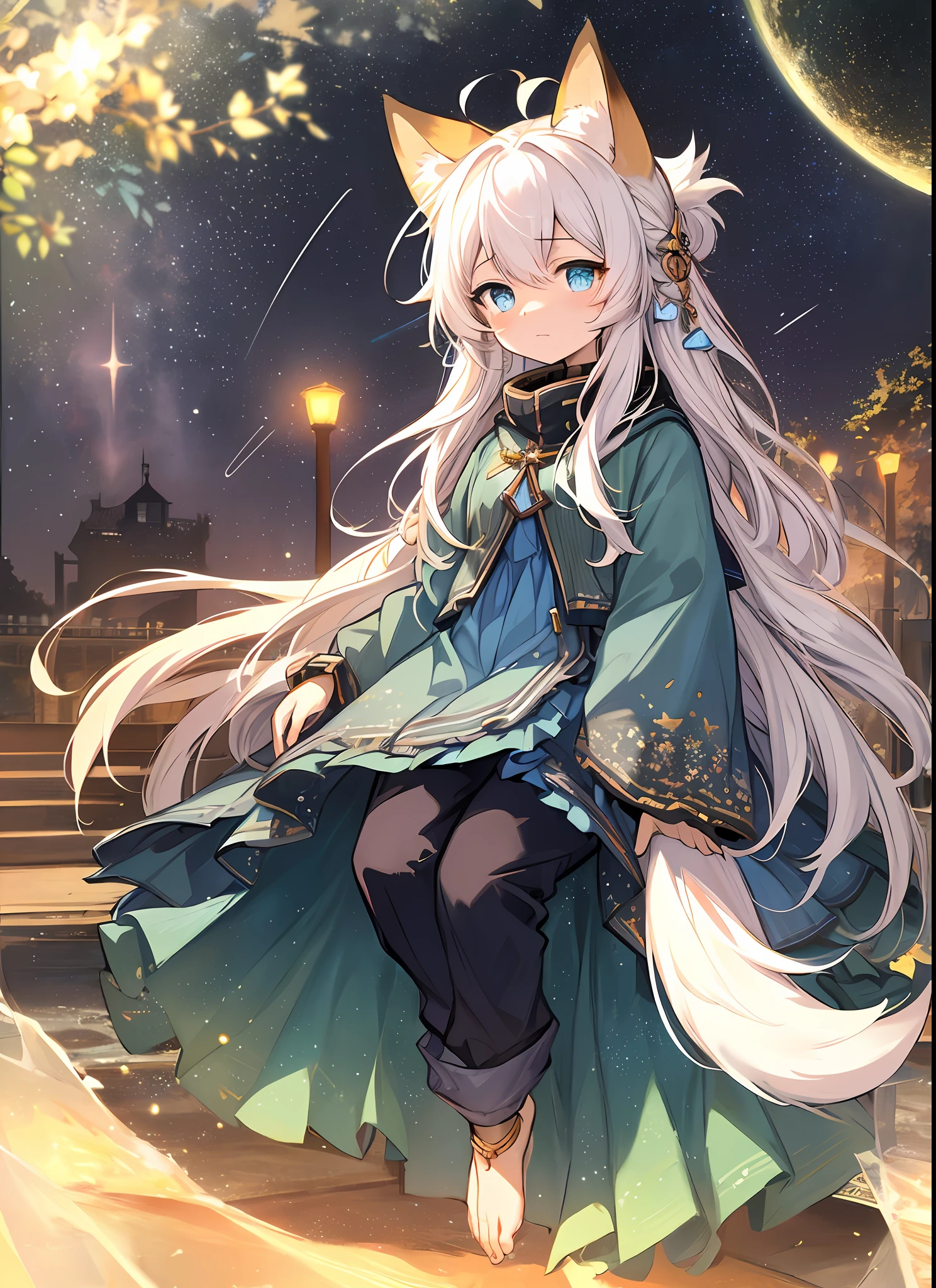 starry sky,clusters of stars,colorful startrails,shooting star,anime screencap,petite,kemono,fox girl,messy_hair,long_hair,fox_ears,white_hair/blue_eyes,anklet,expressionless,heterochromia golden green,pants,
