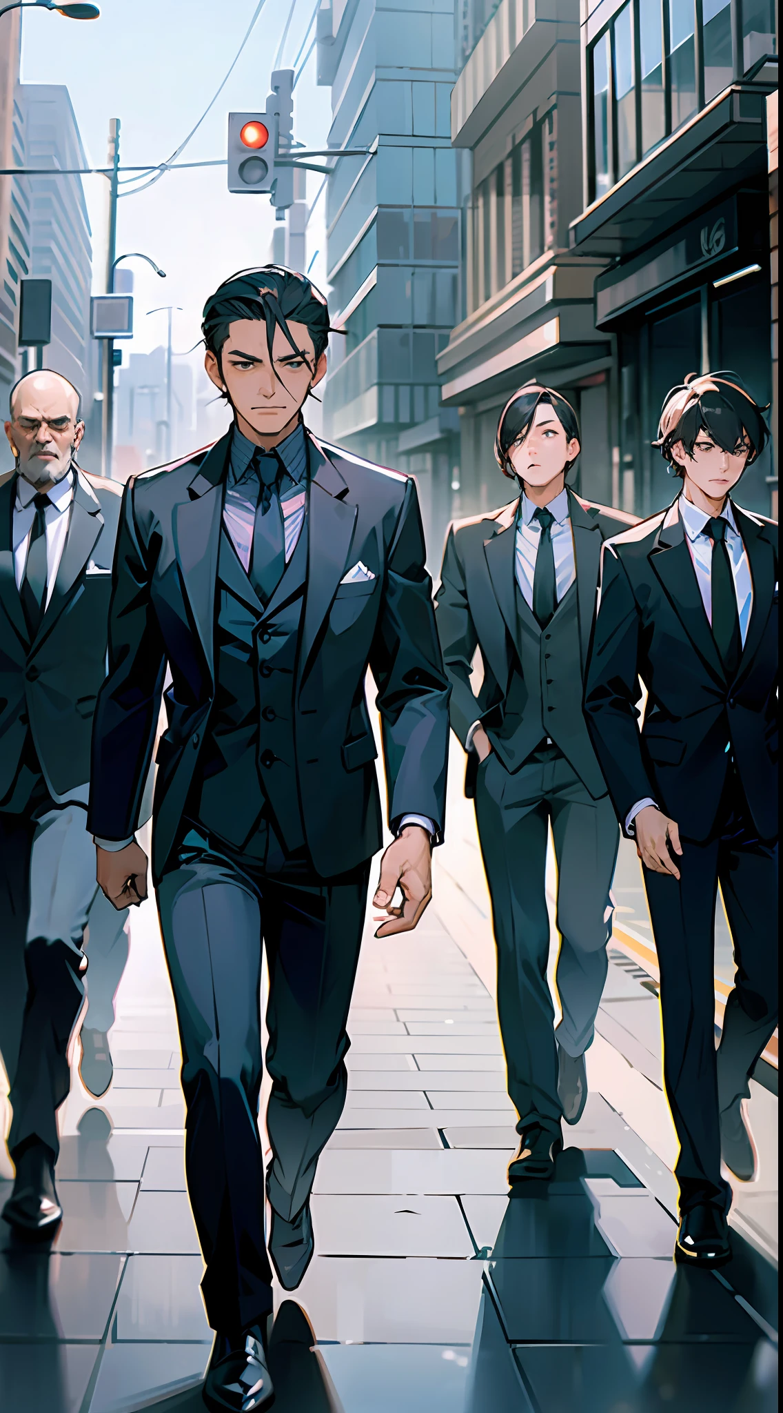 Masterpiece, the best quality, 6 men, murderous, suit, walking on the street,
