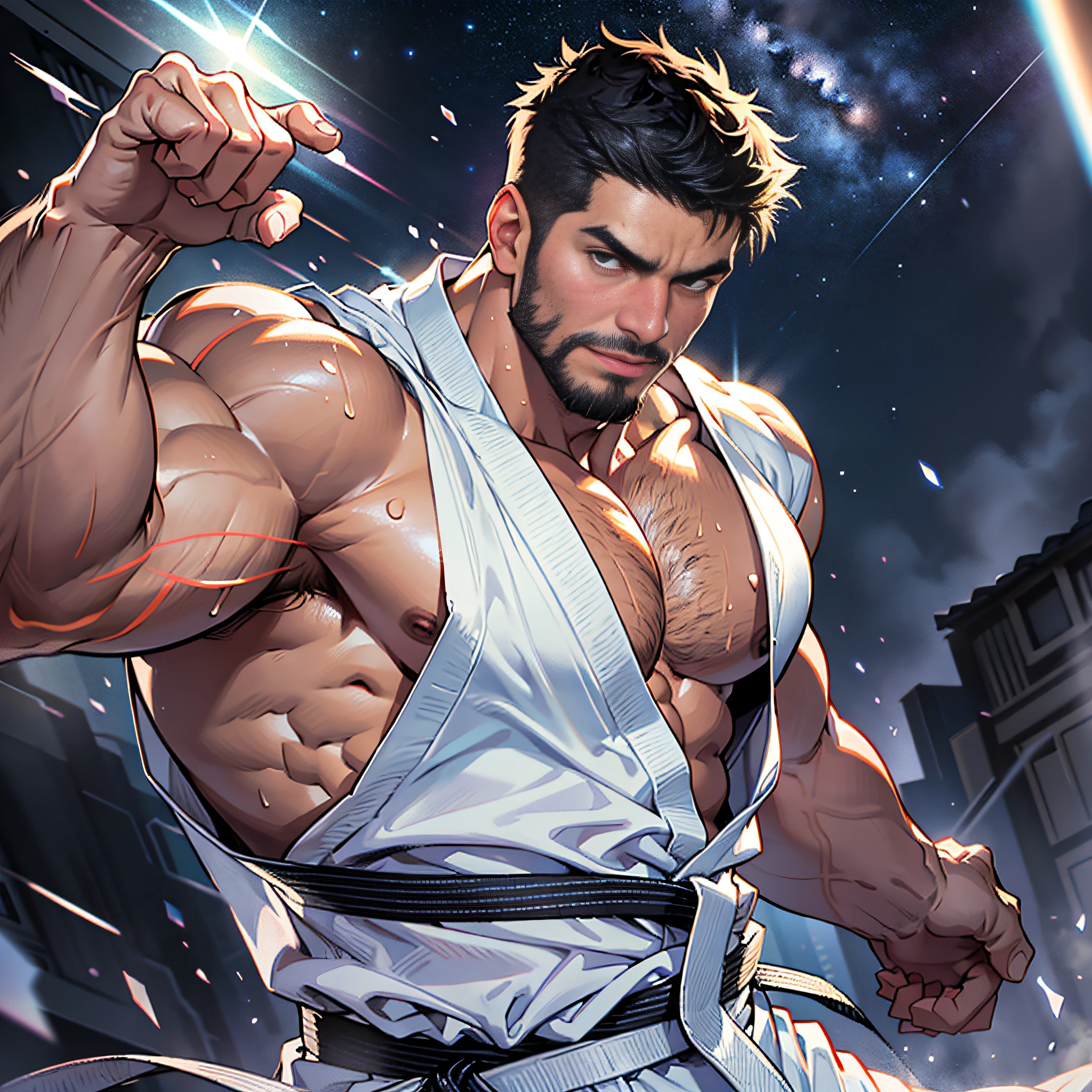 best quality, masterpiece, super high resolution, detailed background, realism, Illustrations, single, 1 boy, muscle, volumetric lighting, depth of field, facial hair, ryu, white clothes, black belt, light particles, bulge, starry sky, fighting stance, sweating, short hair, torn clothes, burly, big man