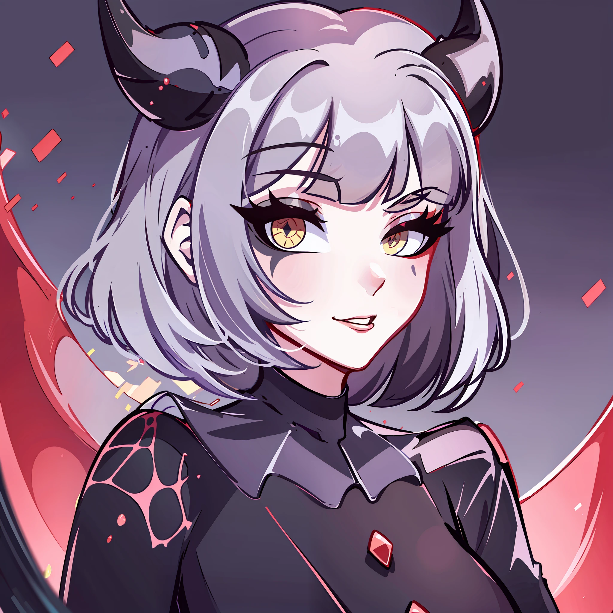 (Best quality: 1.0), (Super High Resolution: 1.0), extremely detailed character, detailed hands, half-dragon girl, horns, scales on the neck, scales on the shoulders, scales on the forearm, scales on the cheek, extremely detailed black dragon tail, extremely detailed hair, short hair, ((white hair)), ((black locks)), extremely detailed eyes, yellow eyes, dragon eyes, 2d, tomboy girl, anime art, teenager
