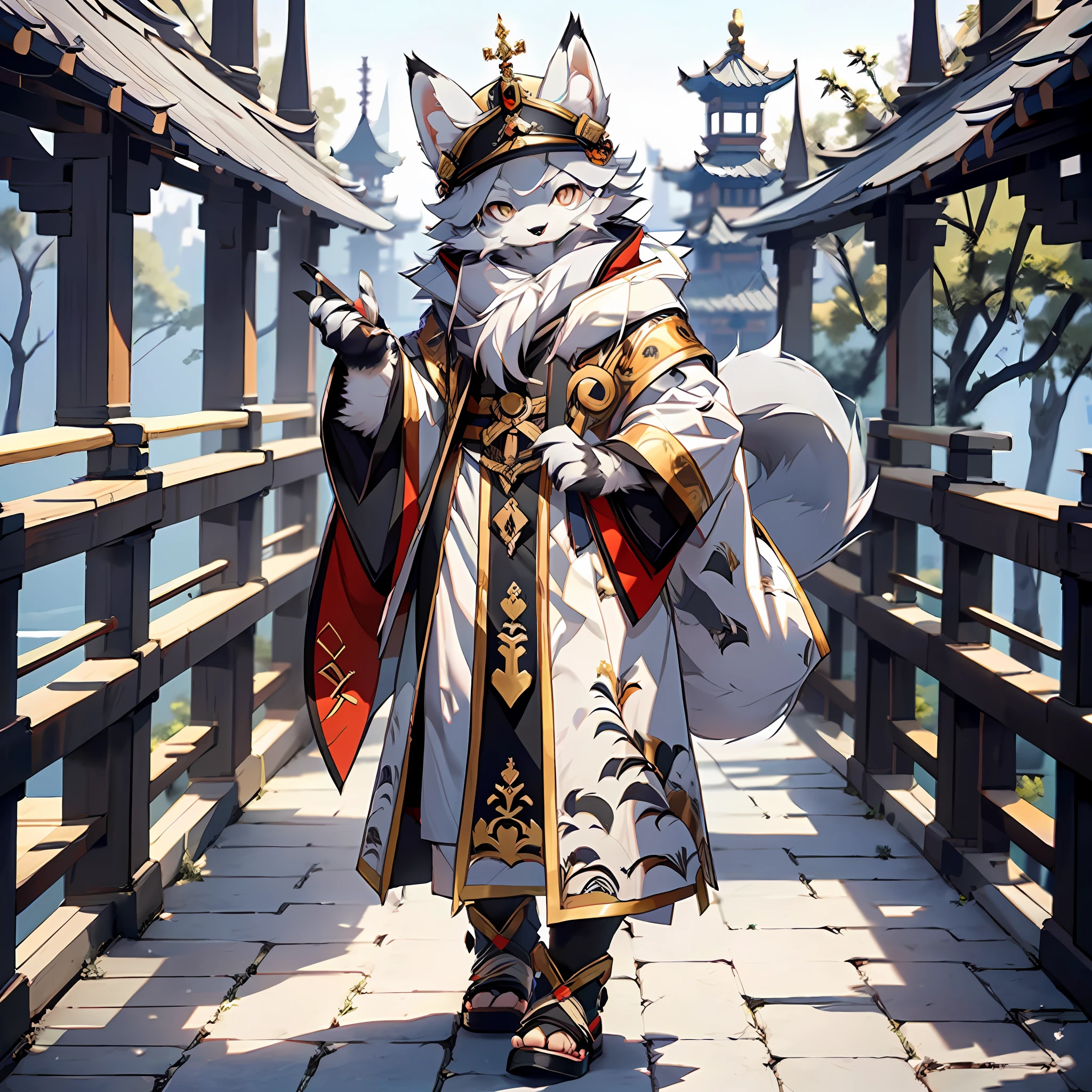 Best Quality), (Masterpiece), ((Single))), (Ultra Detailed), (Furry), Full Body Furry, Furry, (Male Arctic Fox: 1.5), (Gray Skin: 1.3), (Gray Fur: 1.3), (Fluffy Tail: 1.2), Character Focus, (Golden Eyes), (Canine Paws), (Gray Ears), Sharp Focus, (Furry Feeling of Animal Ears), Wearing Chinese Robe, Wearing Chinese-style Hat, Standing on City Walls, Chinese Style