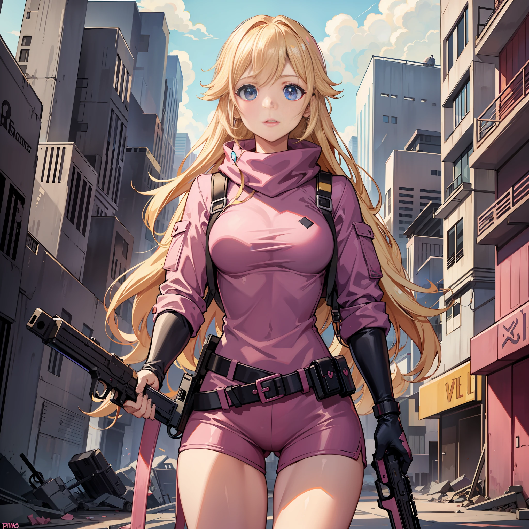 A woman, pink army outfit, athletic body, holding a gun, short clothes, blonde hair, blue eyes, long hair, in an apocalyptic city, deserted, destroyed city, princess peach