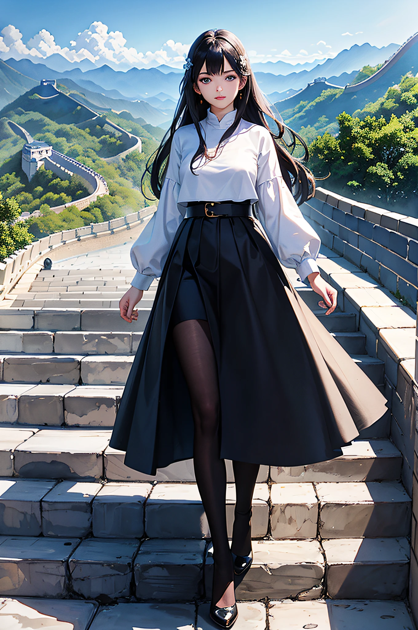 (masterpiece), high-quality image, (realistic: 1.2), a young girl, black waist-length straight hair, wearing a white top and blue jeans, blue eyes shining on the steps of the Great Wall, behind the beauty of the Great Wall Badaling, full of extreme detail and realistic style, (wide shot), (cloudy), (watercolor: 1.1).