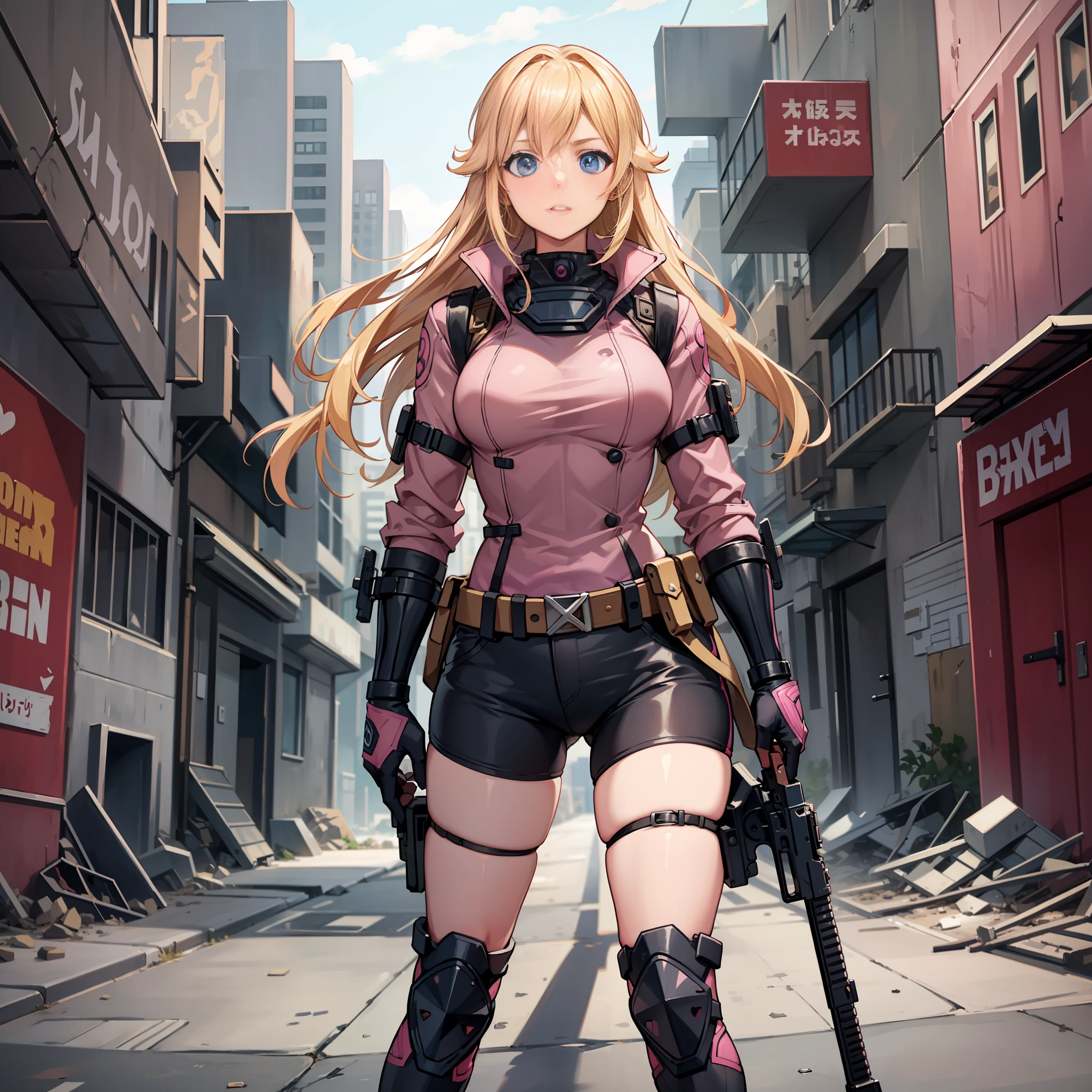 A woman, pink army outfit, athletic body, holding a gun, short clothes, blonde hair, blue eyes, long hair, in an apocalyptic city, deserted, destroyed city, princess peach