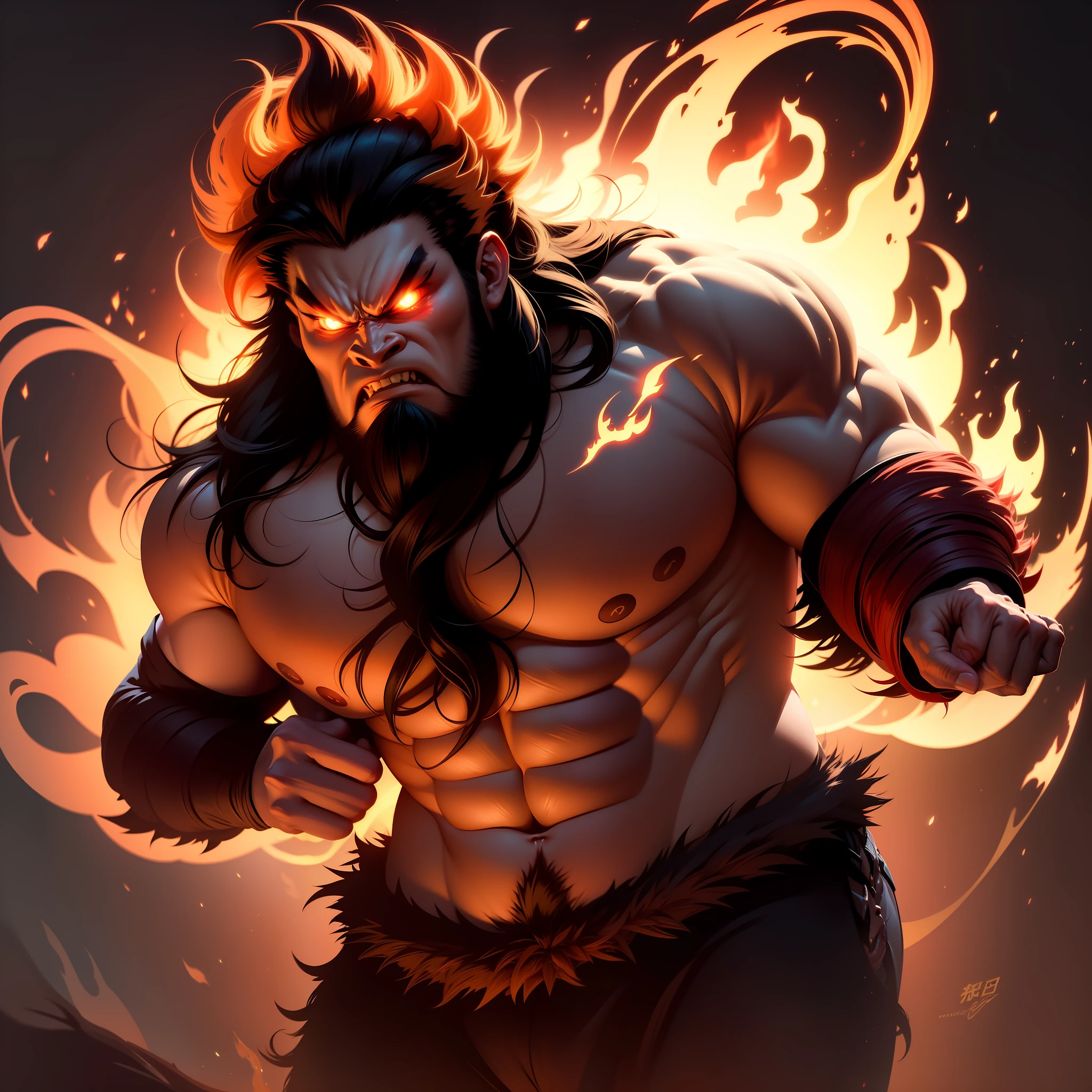 King Kongoming, a young angry ghost, with angry eyes, his hair standing upside down like flames, full of fire, big flames.