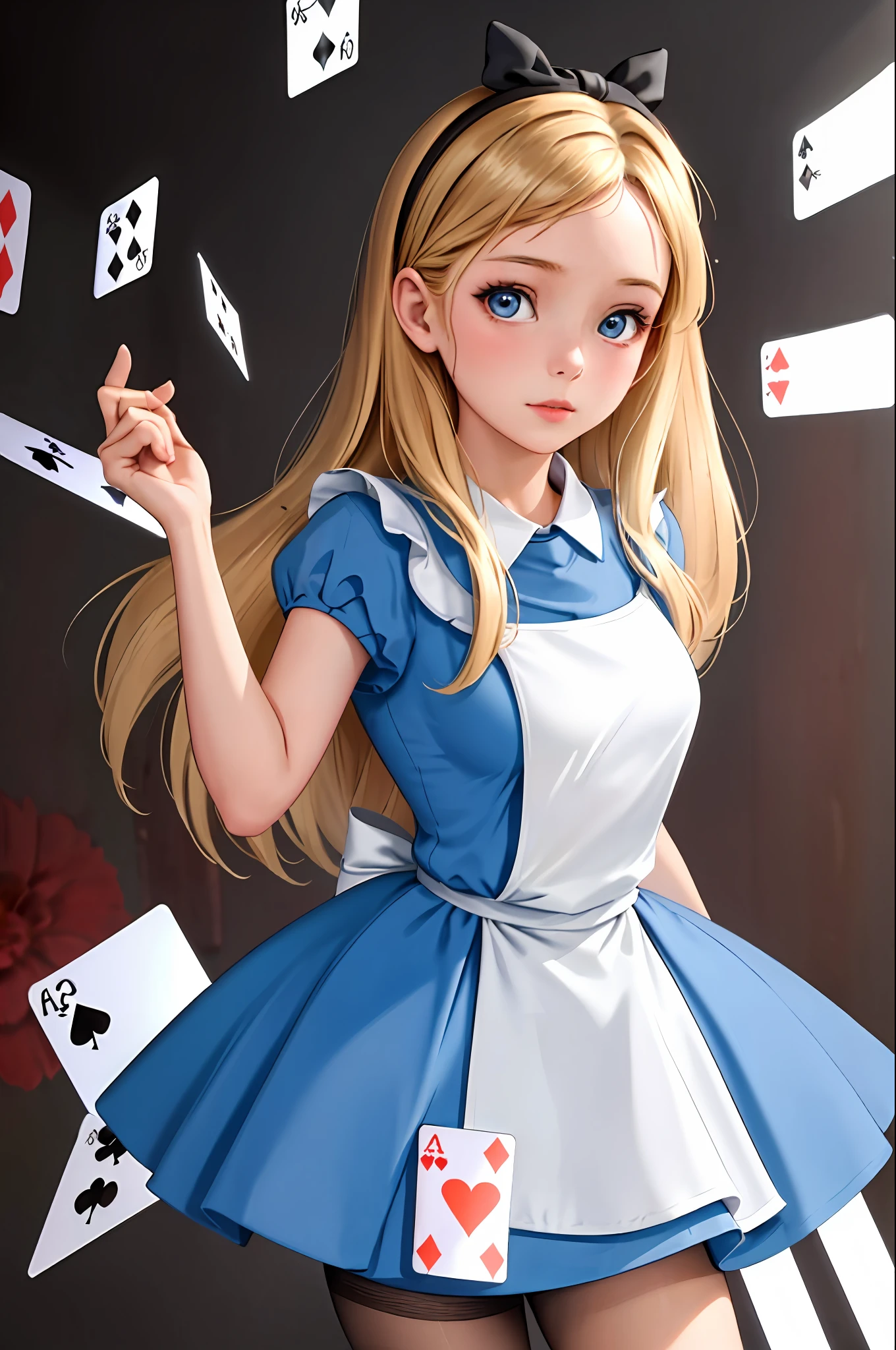 masterpiece,best quality,highres, ultra-detailed, solo, 1girl,  AliceWonderlandWaifu, dress, large breast, in worderland,
have a playing cards, flying playing cards,