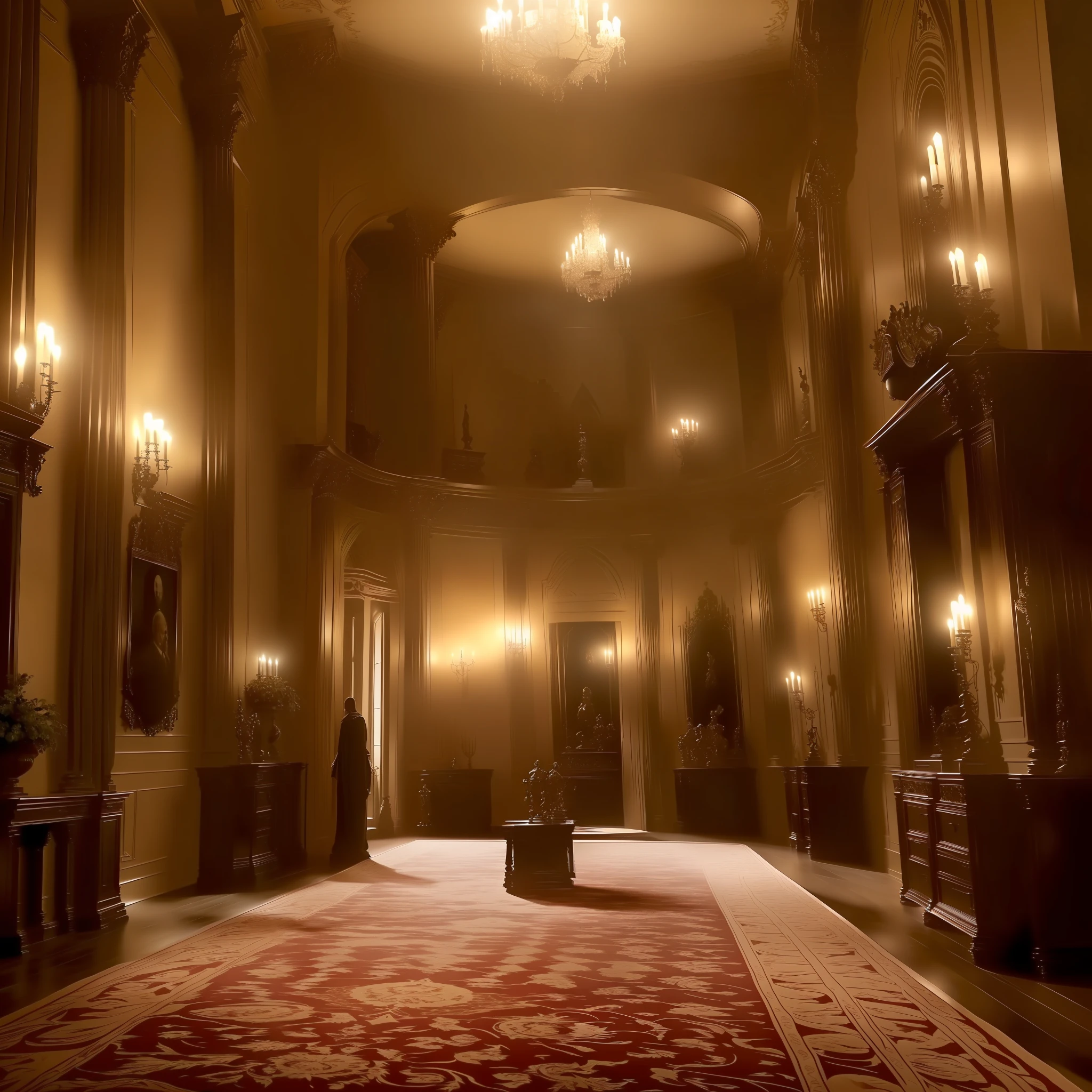 Gods arrive at their king's mansion after the events of the creation of the world. Ultra realistic, 8k