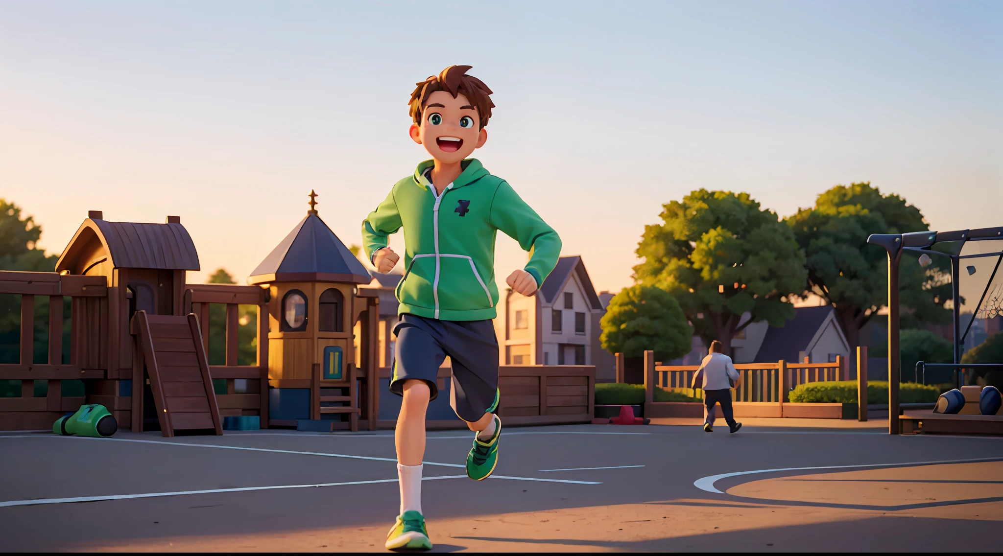 A guy (in the picture ratio 1:2), winter gym clothes, park playground, park track, green eyes, running, sunset, victory, joy, joy, perfect quality, clear focus, (Masterpiece: 1.2) (Realistic: 1.2) (Bokeh) (Best quality) (Detailed skin: 1.3) (Intricate details) (8K) (Detail eyes) (Sharp focus), (Happy)