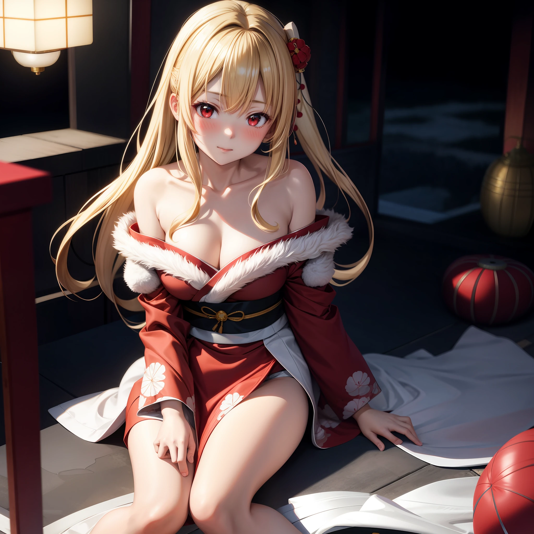 anime, girl single, blonde, red eyes, white kimono, kamimeki, blush, japanese room, sitting, sexy, off-the-shoulder