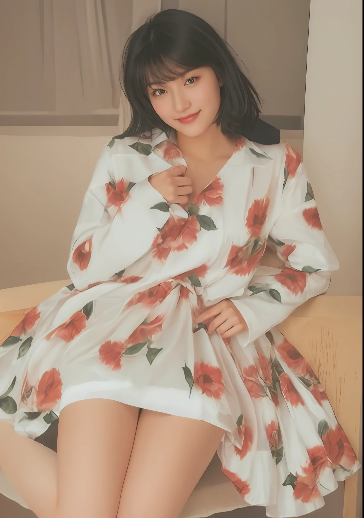 (masterpiece:1.3), (8k, photorealistic, RAW photo, best quality: 1.4), japanese, (1girl), beautiful face, (realistic face), (black hair, short hair:1.3), beautiful hairstyle, realistic eyes, beautiful detailed eyes, (realistic skin), beautiful skin, attractive, ultra high res, ultra realistic, highly detailed, golden ratio,  (detaled face:1.2),looking at viewer,smile,open white shirt,medium breasts,standing,hand on hip