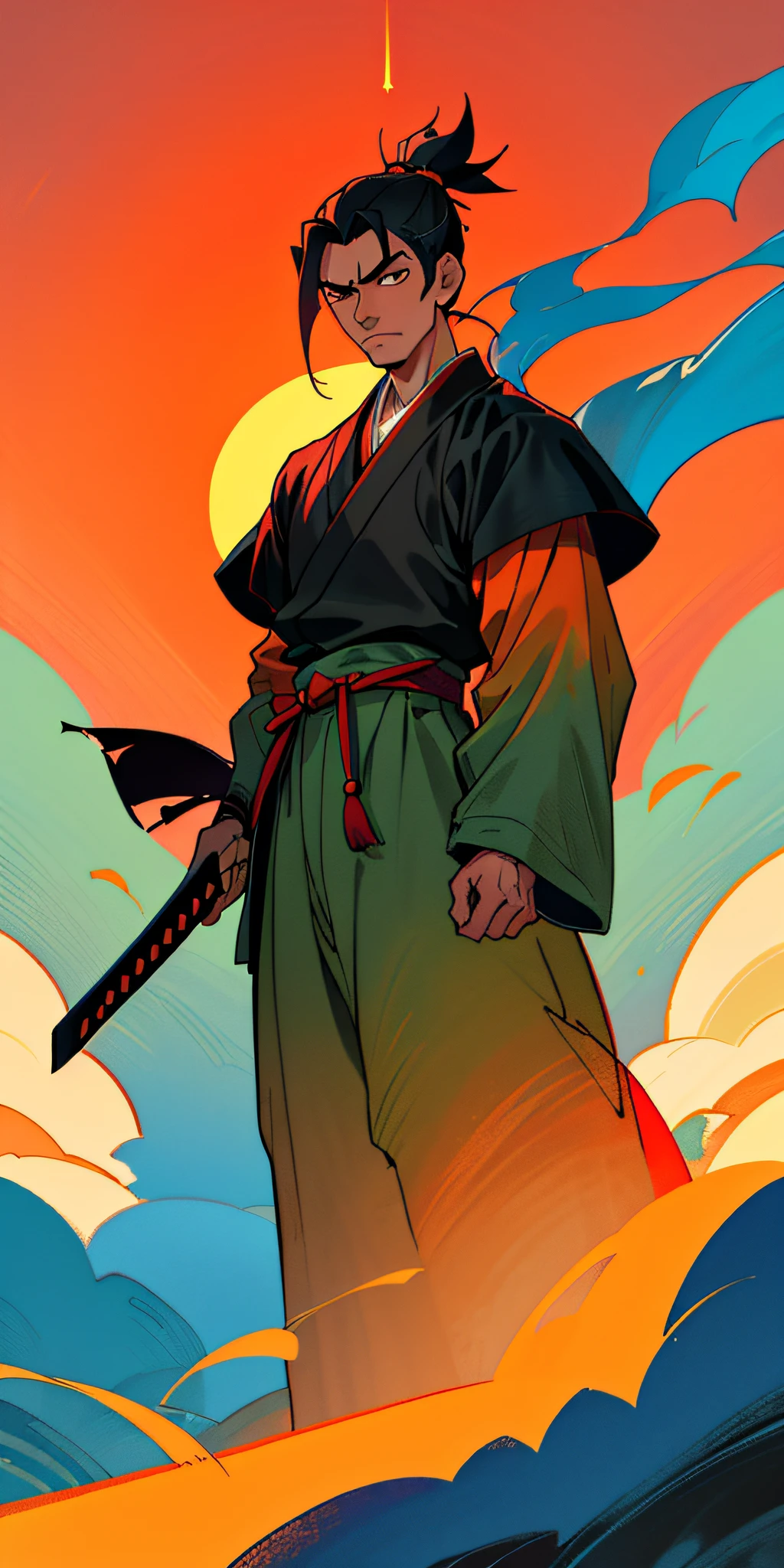 (best quality, masterpiece), Yasuo, the wandering samurai, stands before a majestic landscape. The sun is setting on the horizon, painting the sky with vibrant shades of red and orange. The gentle breeze blows through his hair and clothes as he wields his sword with grace and dexterity. In his expression, there is a mixture of determination and inner peace. His eyes are fixed on a distant spot, as if he is contemplating his next challenge. Behind him, an imposing tower rises, marking the highest point of the landscape. The scene is a mixture of beauty and serenity, but also of imminent danger. Is Yasuo ready to face what lies ahead?