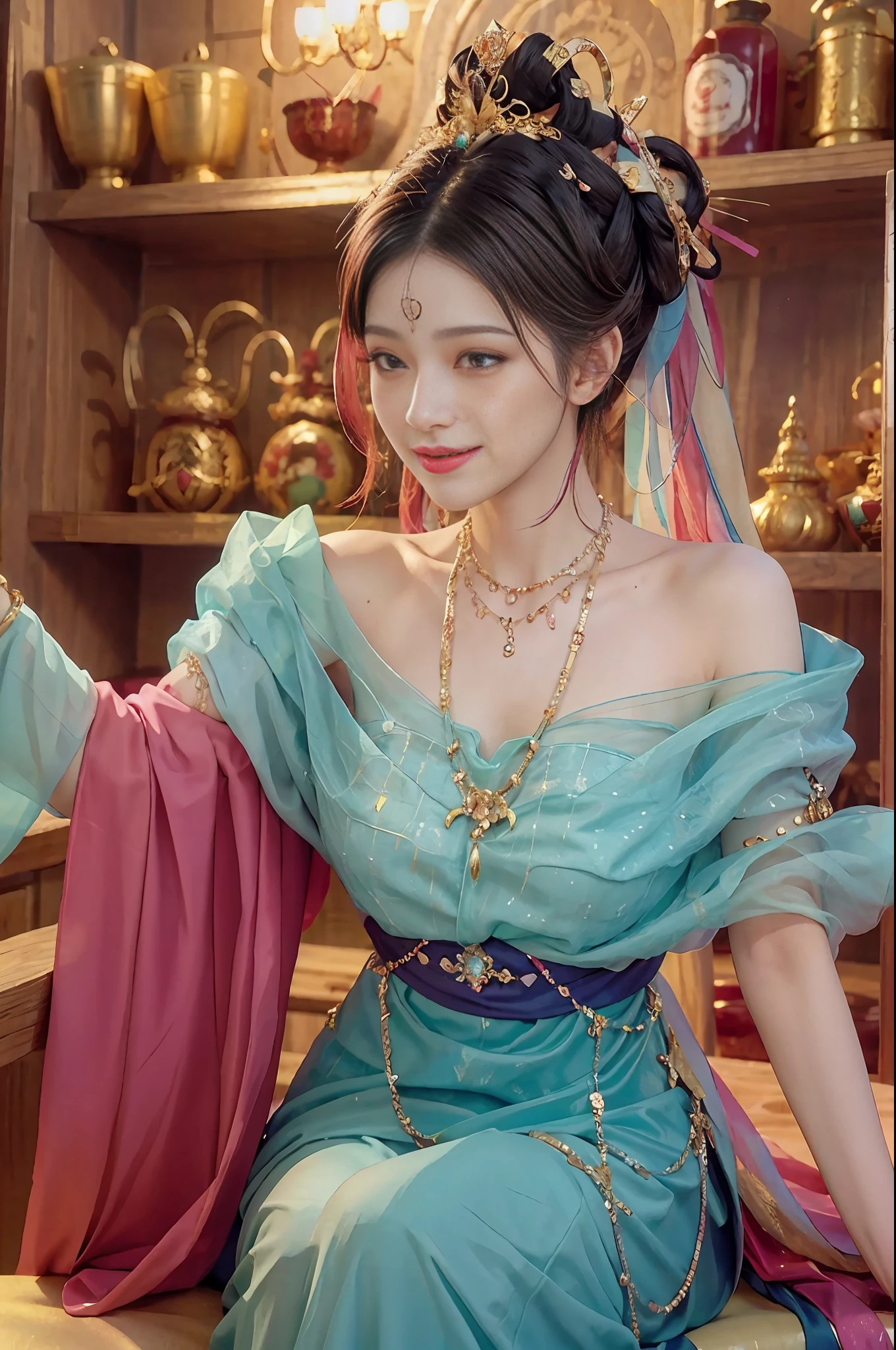 The body is shining with jewelry and jewelry, so beautiful. She wears a colorful hairstyle and a confident smile. Drag sister, cool sa, proud, confident, masterpiece, best quality, there is a woman sitting on the counter, wearing a necklace and dress, confident, dunhuang_style