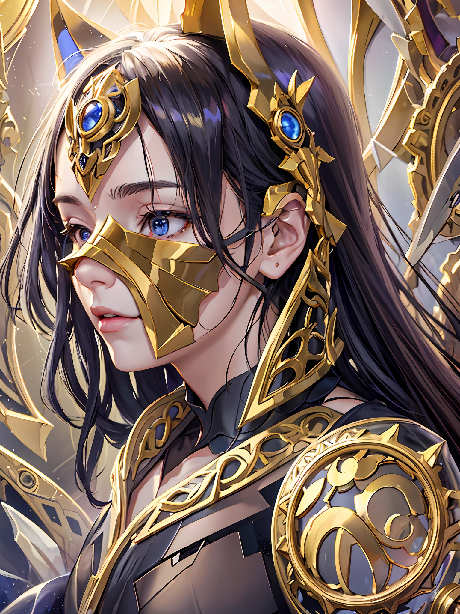 Afemale face covered in glass and plastic, in the style of realism with fantasy elements, golden light, jagged edges.trompe-l'oeil illusionistic detail, futurist mechanical
precision, detailed nature depictions, charming anime
characters --ar 3:4 --s 180--niji 5