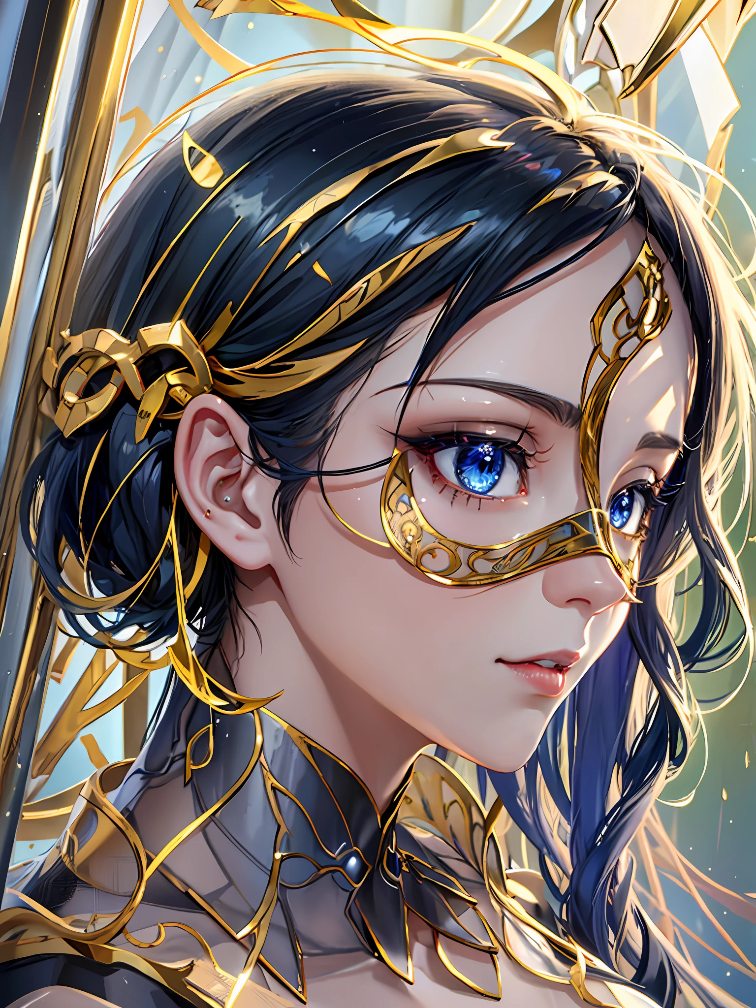 Afemale face covered in glass and plastic, in the style of realism with fantasy elements, golden light, jagged edges.trompe-l'oeil illusionistic detail, futurist mechanical
precision, detailed nature depictions, charming anime
characters --ar 3:4 --s 180--niji 5