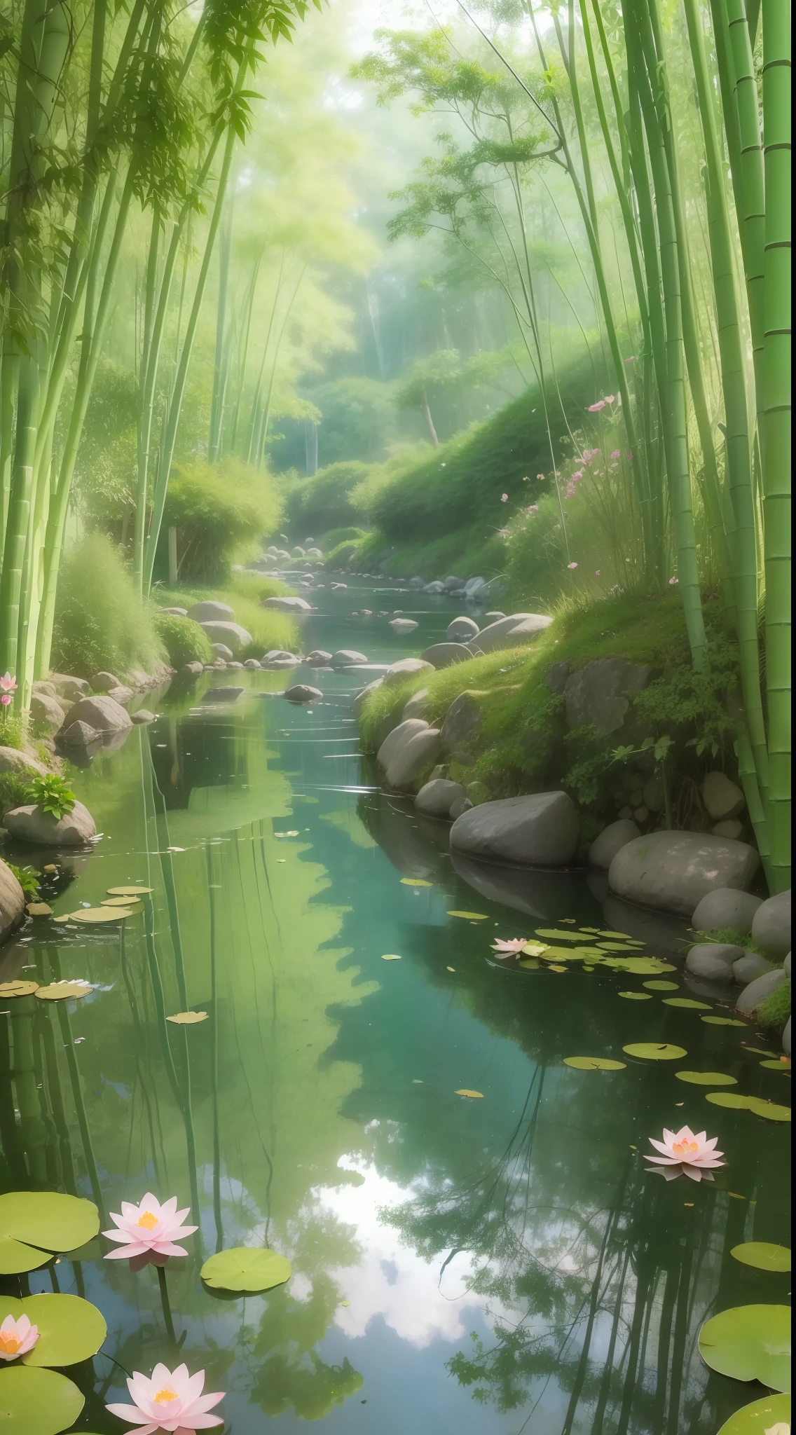 In a tranquil valley, a crystal clear stream flows slowly. The bamboo forest here is full of life, and the bamboo leaves are verdant and green, showing the vitality of nature. The sunlight shines through the thick bamboo leaves, creating mottled light and shadows on the stream, making the whole scene more secluded and peaceful. A pool of lotus flowers is on the water. The pink, white and red lotus flowers bloom with a charming fragrance. The petals gently exude a fresh and sweet fragrance that permeates the entire valley. The lotus leaves sway, like a mirror, reflecting the surrounding beauty.