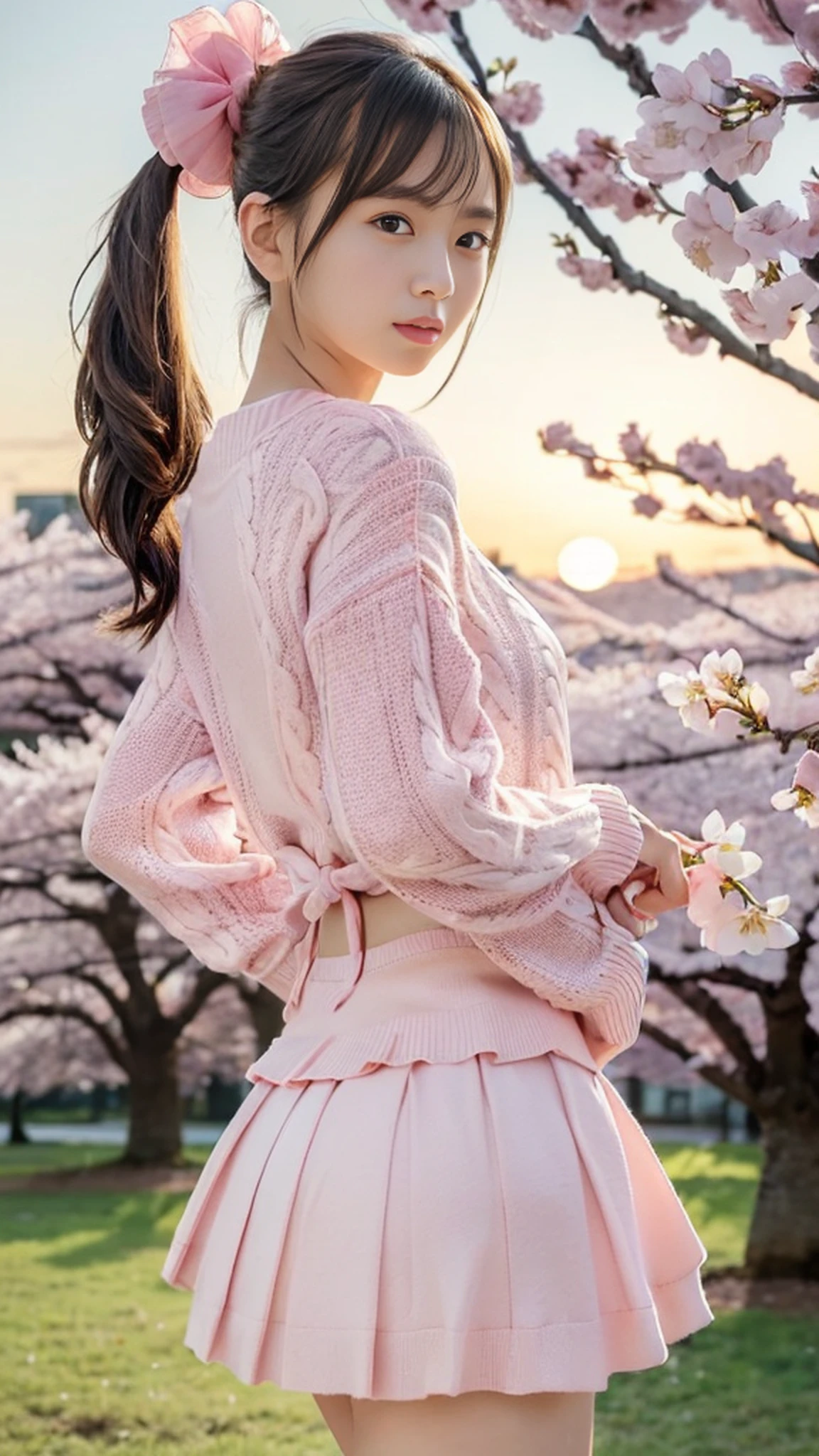 (((low angle))),((Pink panties visible)))), thigh gap, (Photorealistic)))),(Slim figure))),(((AKB 48)),(Full body photo)))))), ((Sunset in background))),((Cherry blossoms in the background),(19 years old),(Small bust)))))), (Wearing a hat deeply)),( Long skirt))), ((((Spring sweater)))), (((Photorealism: 6, Realistic)))), (((Sideways and turning around pose))),Perfect lower body shape,((Upside ponytail))), (Ribbon),((Has scrunchies on wrists)),Hair ornaments, small waist