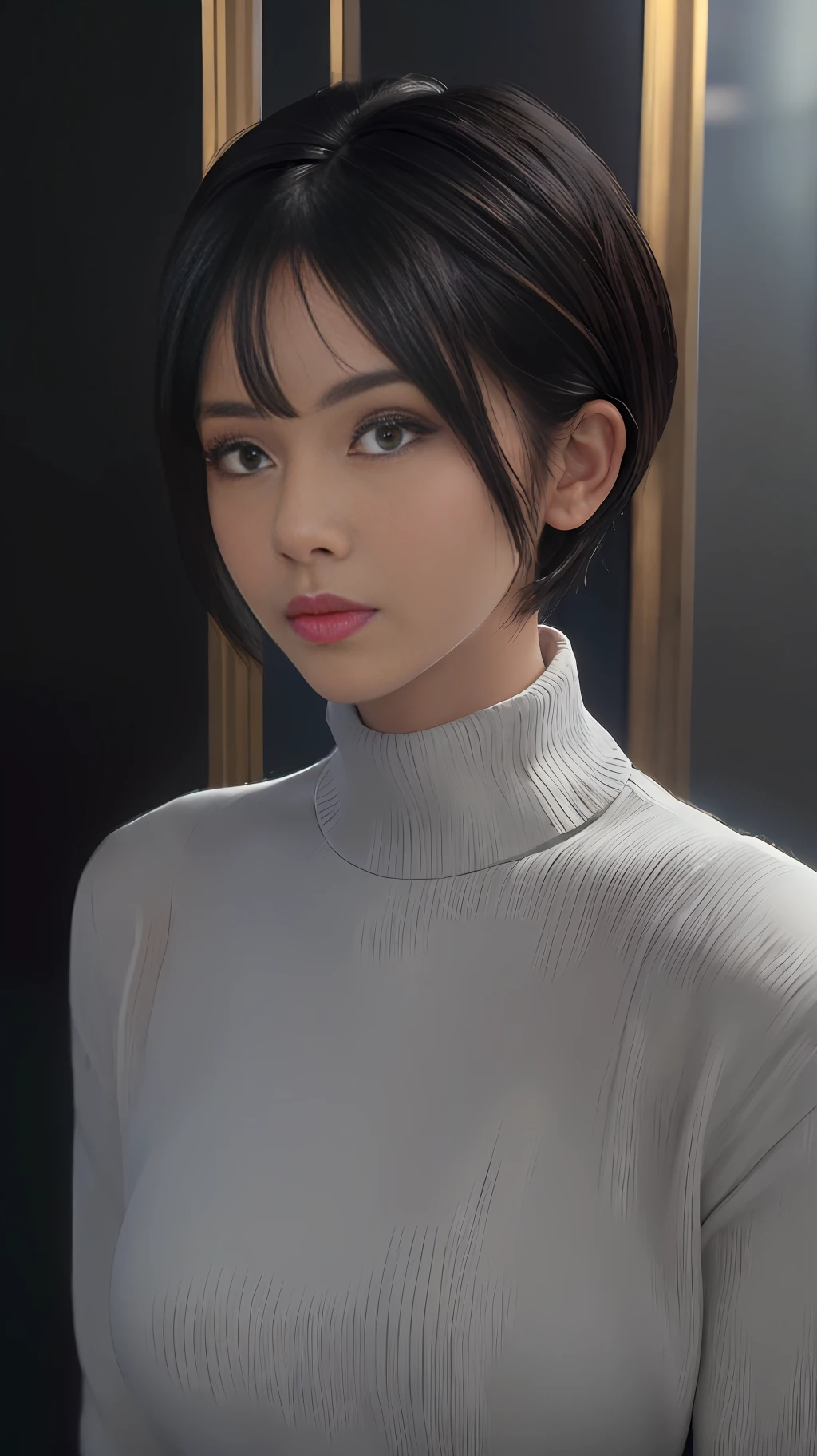 (masterpiece:1.3), (8k, photorealistic, RAW photo, best quality: 1.4), (1girl), beautiful face, (realistic face), (black hair, short hair:1.3), beautiful hairstyle, realistic eyes, beautiful detailed eyes, (realistic skin), beautiful skin, (sweater), absurdres, attractive, ultra high res, ultra realistic, highly detailed, golden ratio