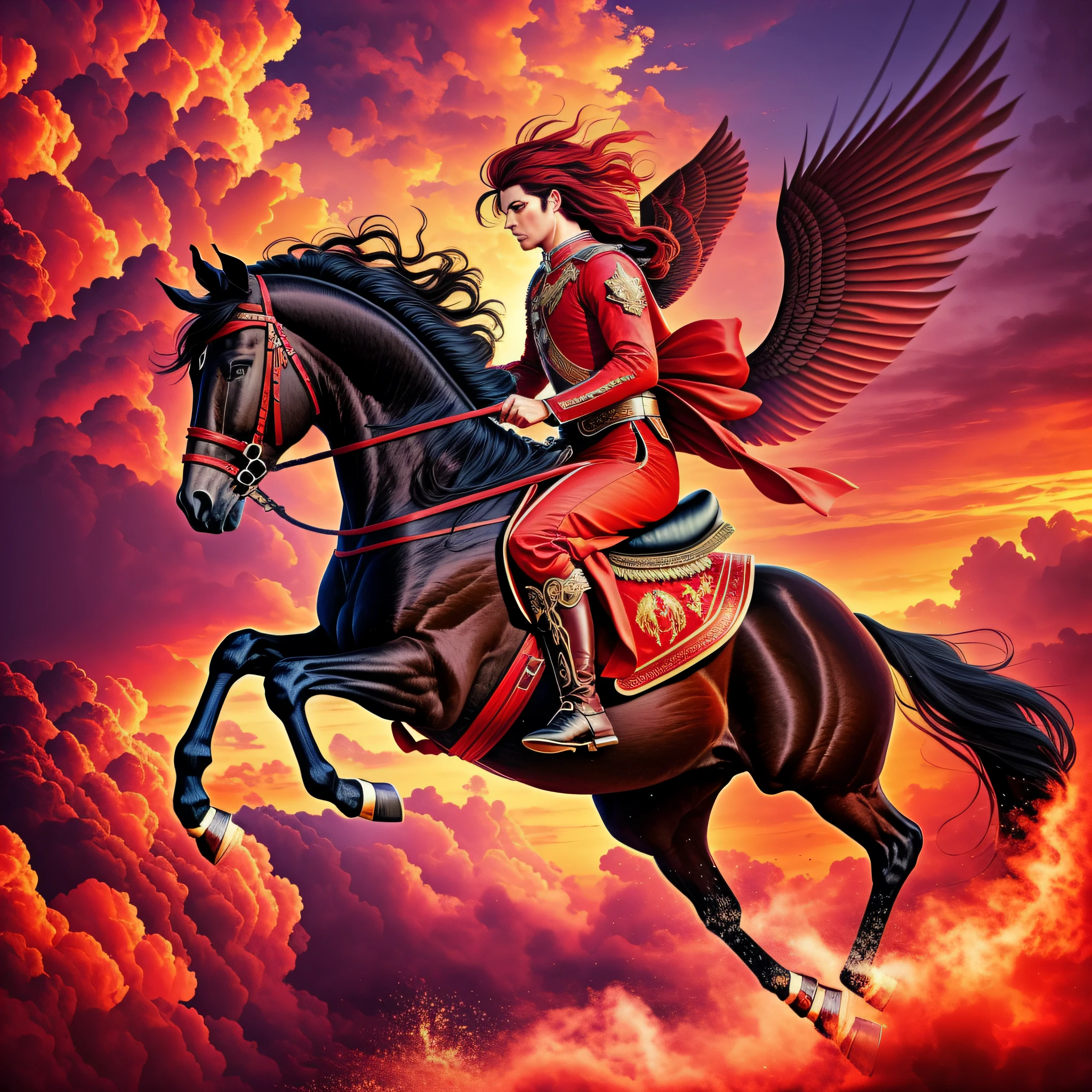 realism, best detail, super detailed, best quality, surreal quality, 1 rider riding on a black horse representing hunger where he flies in the sky, 1 rider riding on a red horse with wings, 1 rider holding bow and flexes mounted on a white horse with wings, 1 rider riding on a horse holding the scales of justice mounted on a lean yellow horse with wings, image background red clouds, hdr, uhd, 64k, by Paul Francis