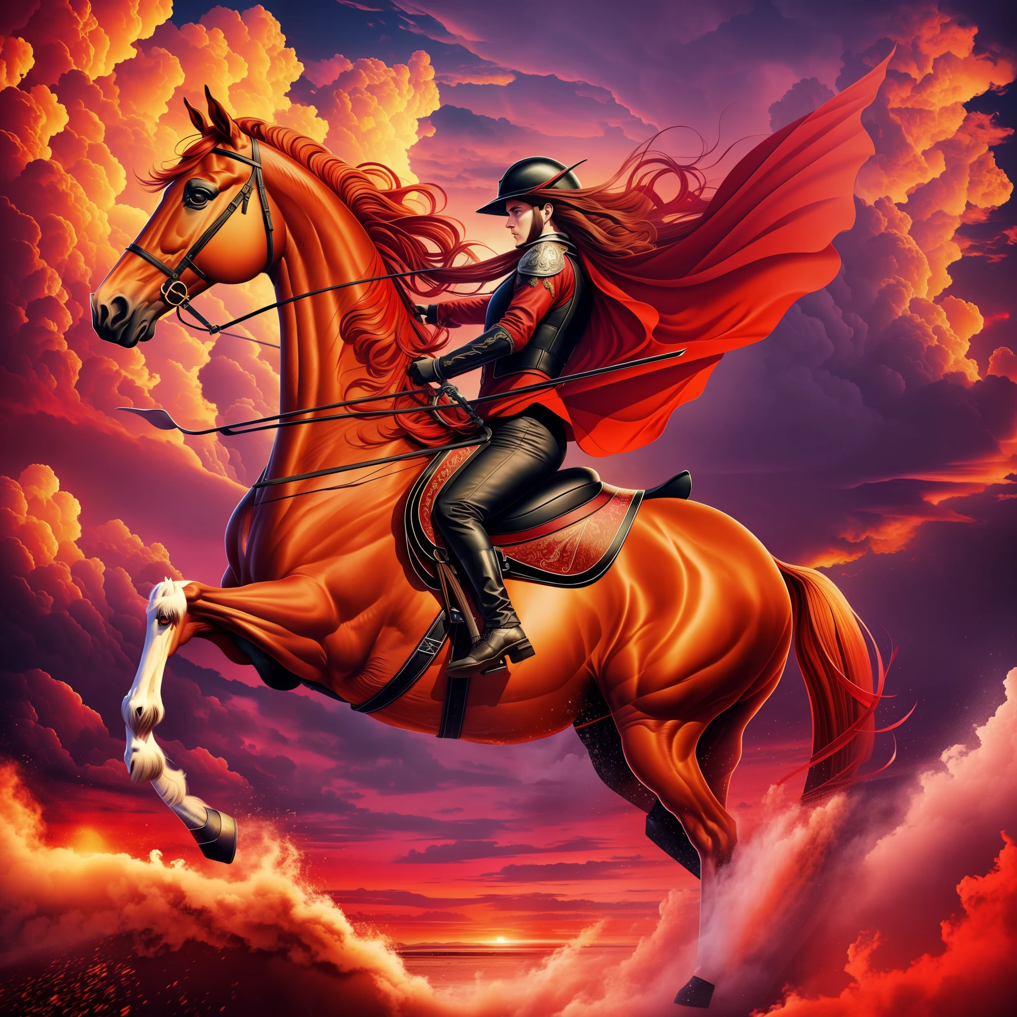 realism, best detail, super detailed, best quality, surreal quality, 1 rider riding on a black horse representing hunger where he flies in the sky, 1 rider riding on a red horse with wings, 1 rider holding bow and flexes mounted on a white horse with wings, 1 rider riding on a horse holding the scales of justice mounted on a lean yellow horse with wings,  image background red clouds, hdr, uhd, 64k, by Paul Francis