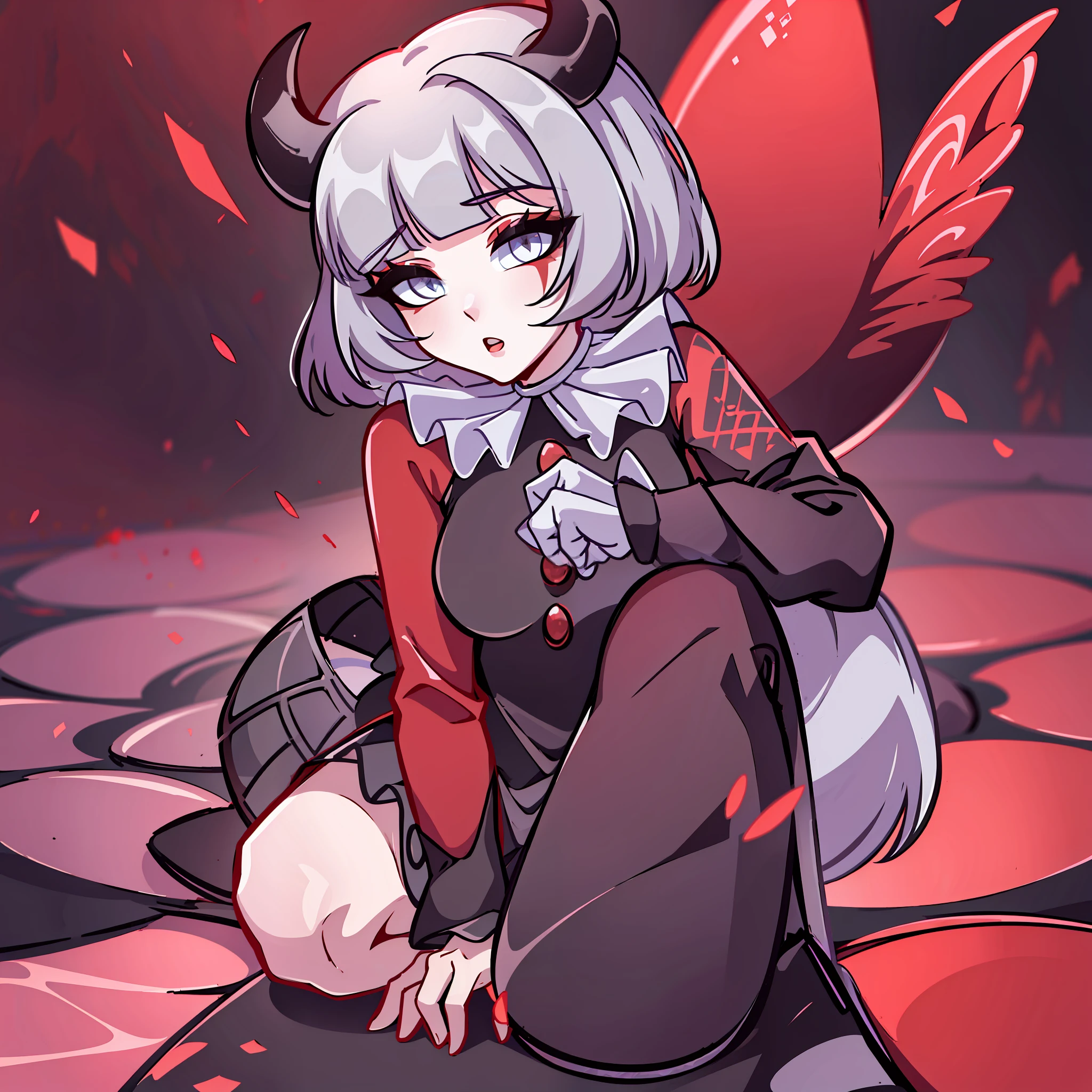 (Best quality: 1.0), (Super High Resolution: 1.0), extremely detailed character, detailed hands, half-dragon girl, horns, scales on the neck, scales on the shoulders, scales on the forearm, scales on the cheek, extremely detailed black dragon tail, extremely detailed hair, short hair, ((white hair)), ((black locks)), extremely detailed eyes, yellow eyes, dragon eyes, 2d, tomboy girl, anime art, teenager, full body, sitting on her knees