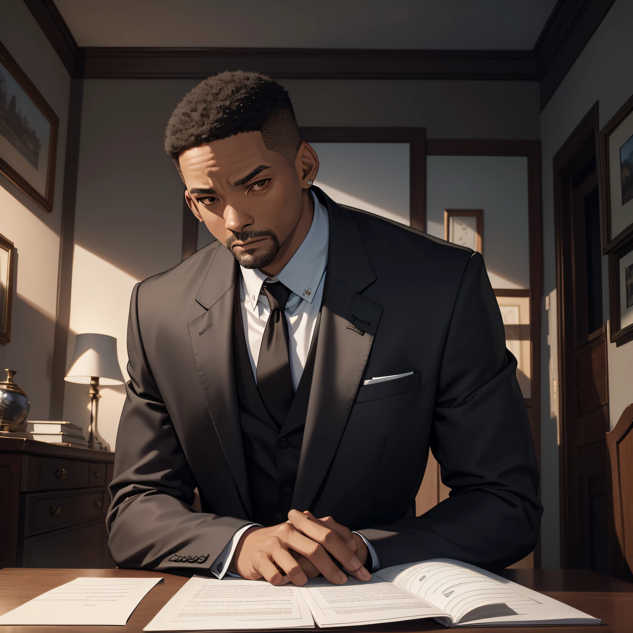 Absurd resolution, high resolution, (masterpiece: 1.4), hyperdetail, middle-aged Will Smith, black suit, eerie room, serious expression (1.3), looking at a note (1.4)