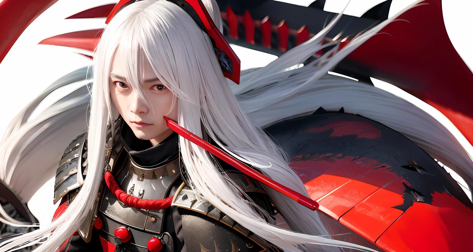 Best quality,masterpiece,An elderly samurai, broken armor,(long white hair flying,red eyes,shark mouth,