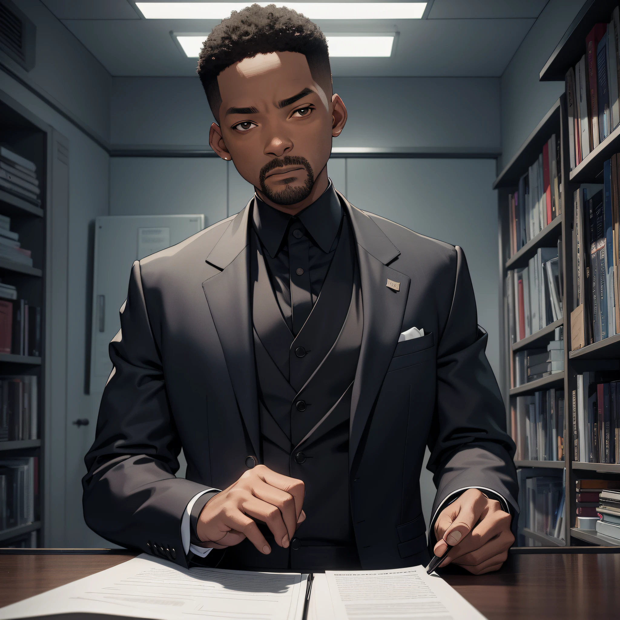 Absurd resolution, high resolution, (masterpiece: 1.4), hyperdetail, middle-aged Will Smith, black suit, eerie room, serious expression (1.3), looking at a note (1.4)