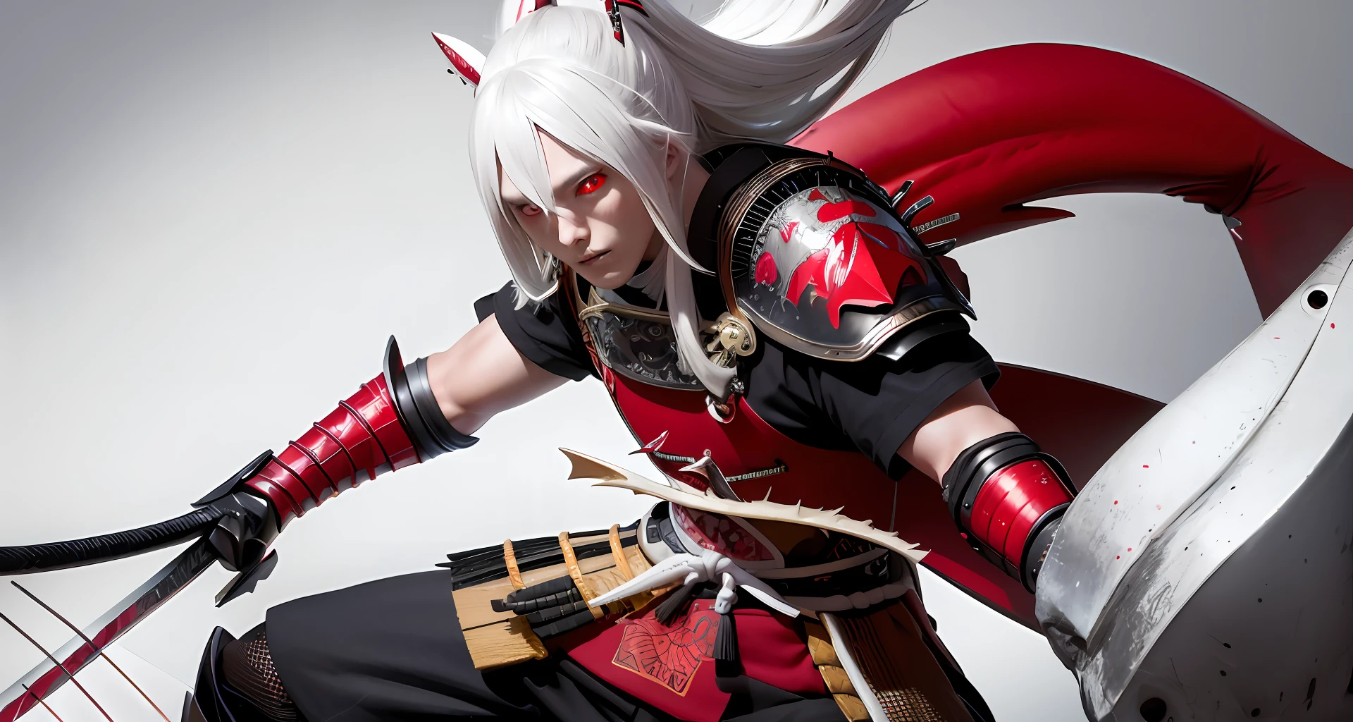 Best quality,masterpiece,An elderly samurai, broken armor,(long white hair flying,red eyes,shark mouth,