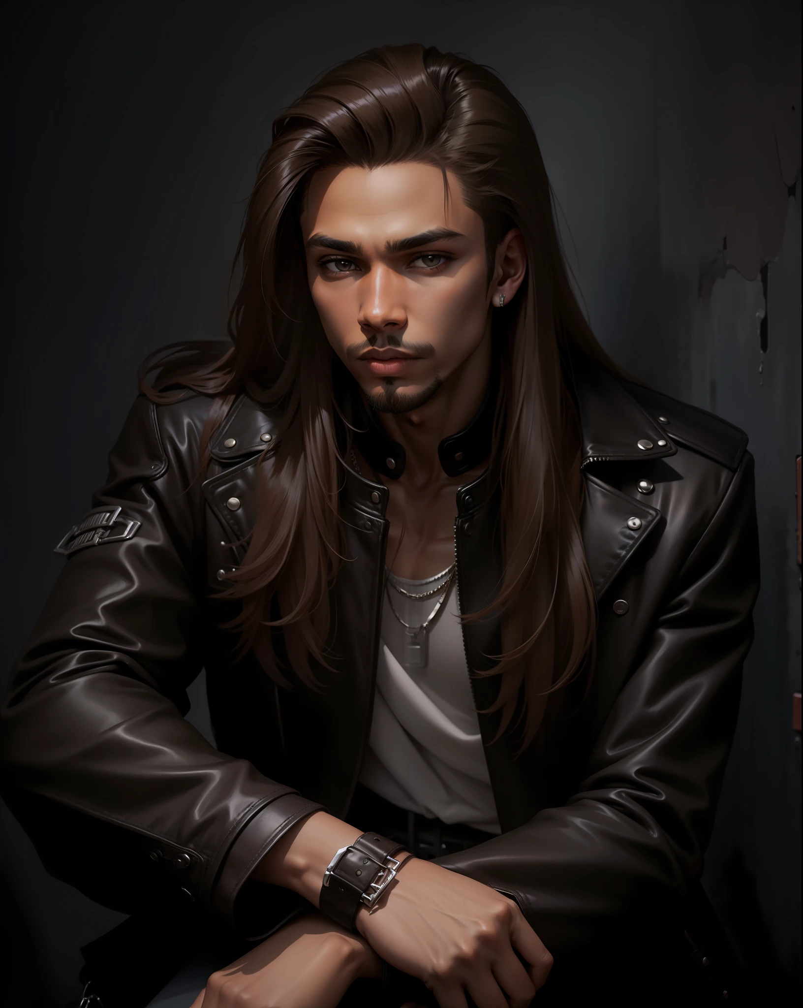Boy, leather jacket, brown skin, long straight hair,4k, goth