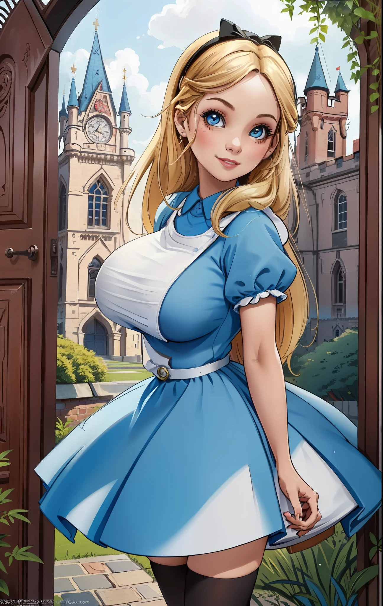 (AliceWonderlandWaifu:1), cute, smile,(dress:1.2), sexy pose, looking at viewer, :D, (big breast:1.4), curvy, thighhighs, 

(realistic:1.2), (realism), (masterpiece:1.2), (best quality), (ultra detailed), (8k, 4k, intricate),(full-body-shot:1),(Cowboy-shot:1.2), (85mm),light particles, lighting, (highly detailed:1.2),(detailed face:1.2), (gradients), sfw, colorful, detailed eyes,

(detailed ladscape, castle, vegetation, big door:1.2), (bricks, carpet, buildings:1.2),(detailed background),detailed landscape, (dynamic angle:1.2), (dynamic pose:1.2), (rule of third_composition:1.3), (Line of action:1.2), wide shot, solo, daylight,